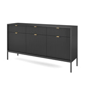 Drehtür-Kommode Vellore 154 cm schwarz mit geriffelten Fronten und goldenen Griffen
