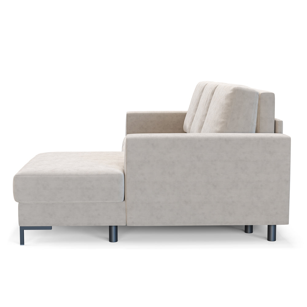 Ecksofa mit Schlafunktion Mokpeo, L-förmig, mit zwei Stauraumfächern auf schwarzen Füßen, beige Cordstoff, rechtsseitig
