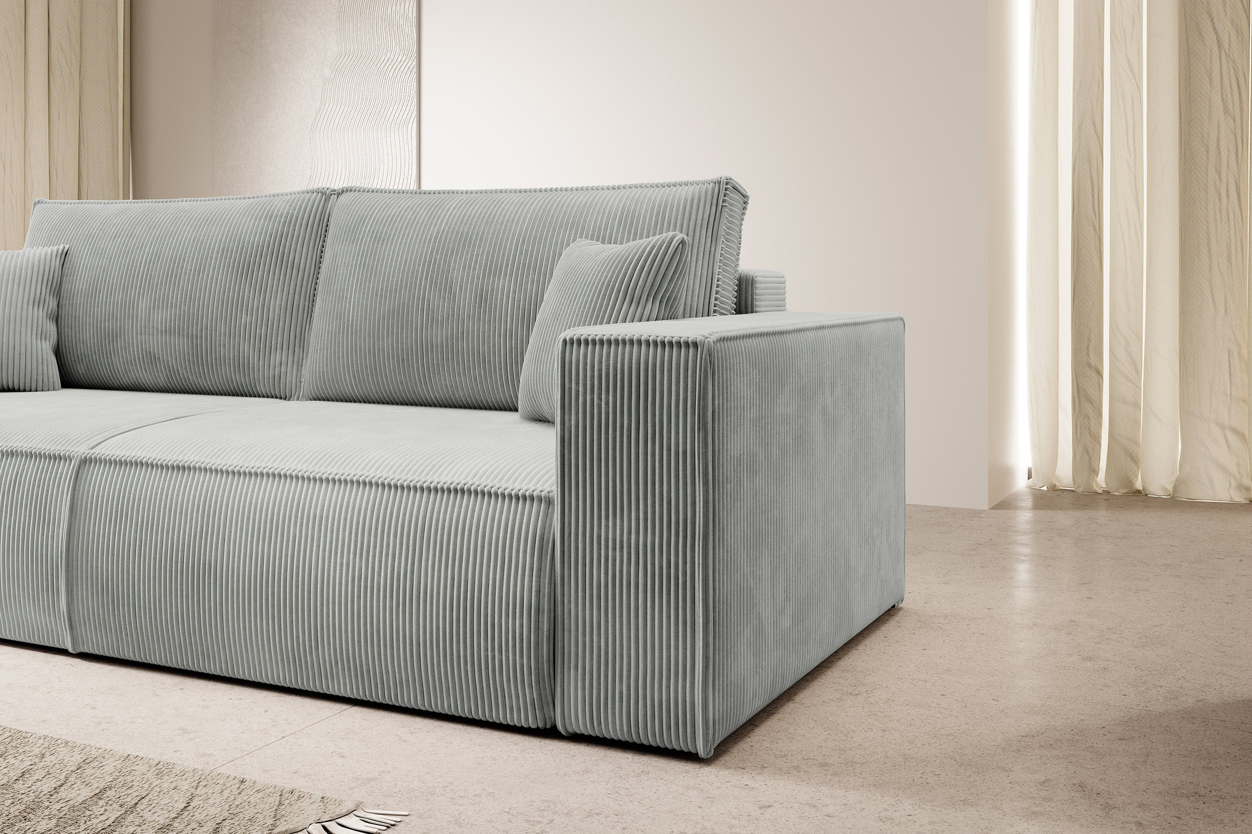 Dreisitziges ausklappbares Sofa Farese mit Stauraum, hellgrauer Cordstoff