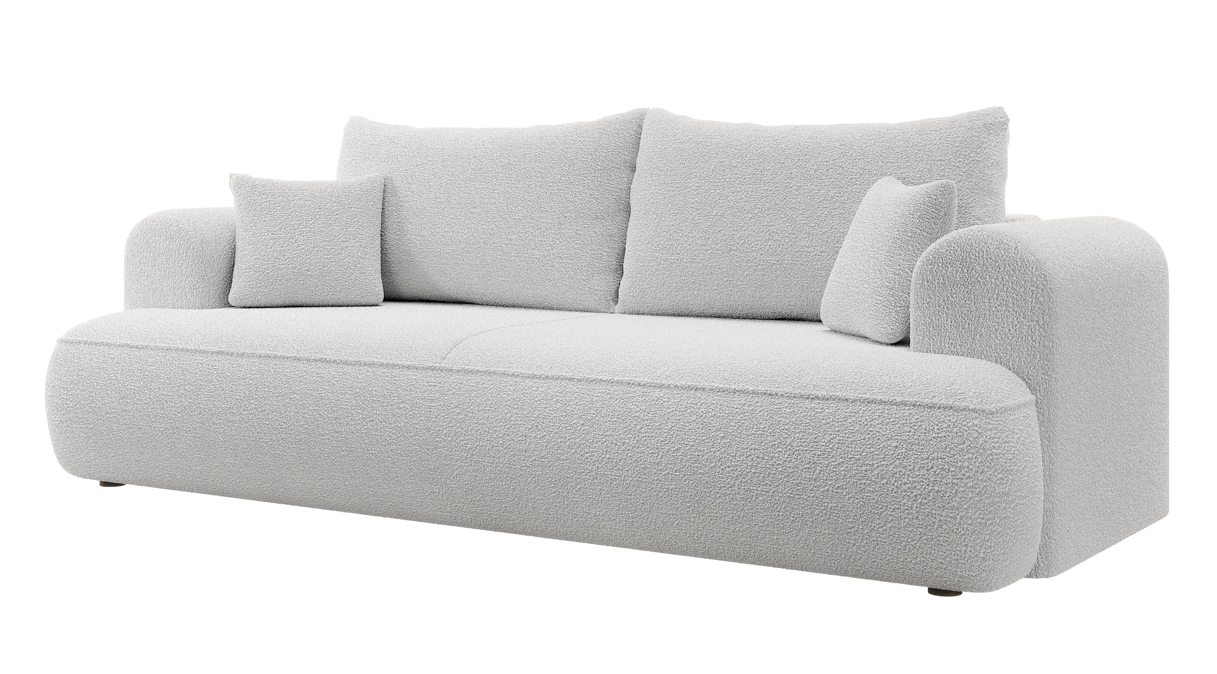 Dreisitziges ausklappbares Sofa Ovo mit Stauraum, grauer Bouclé-Stoff