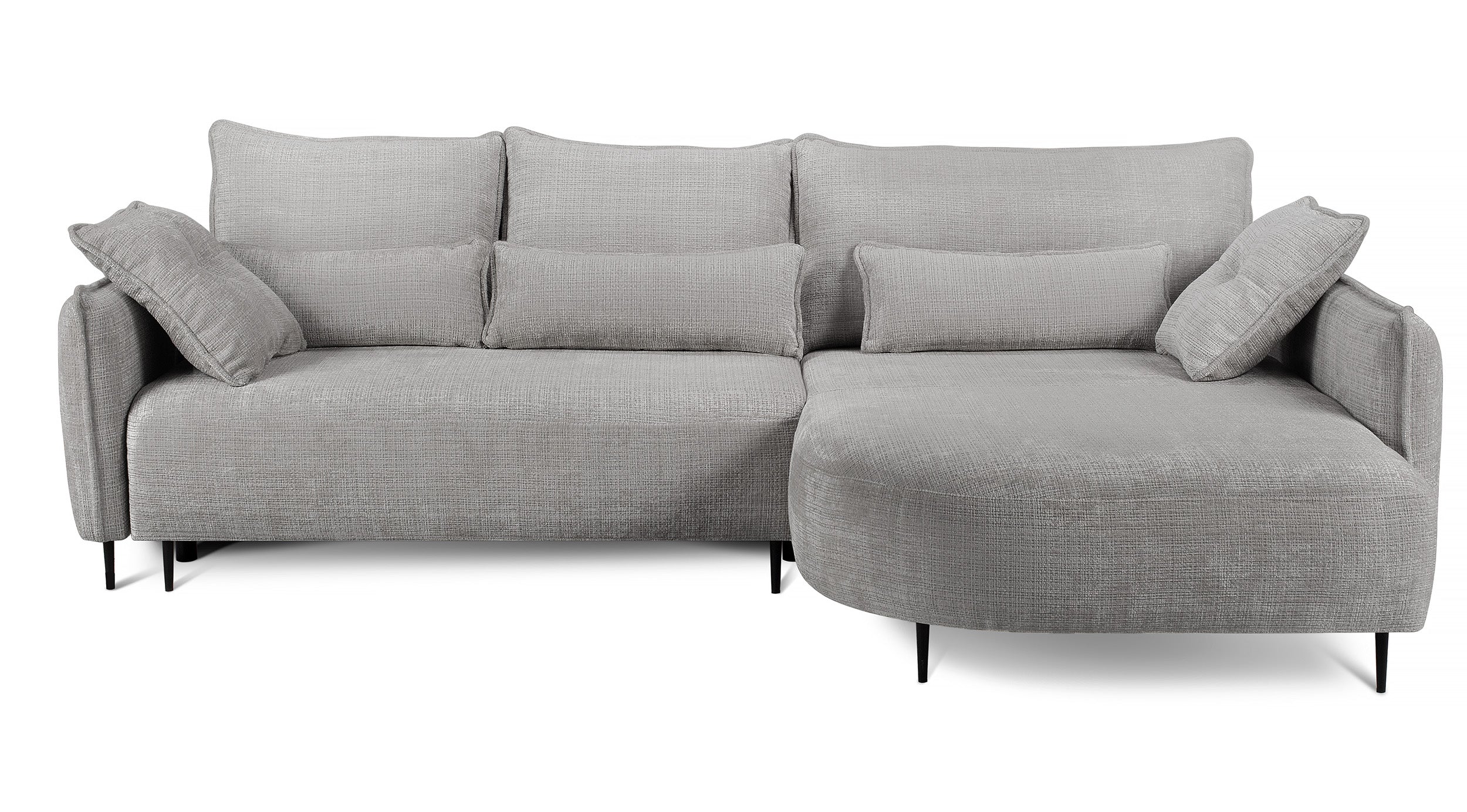 Ecksofa Oblivio mit Schlaffunktion, L-förmig, mit Stauraum, grauer Chenille-Stoff, rechtsseitig