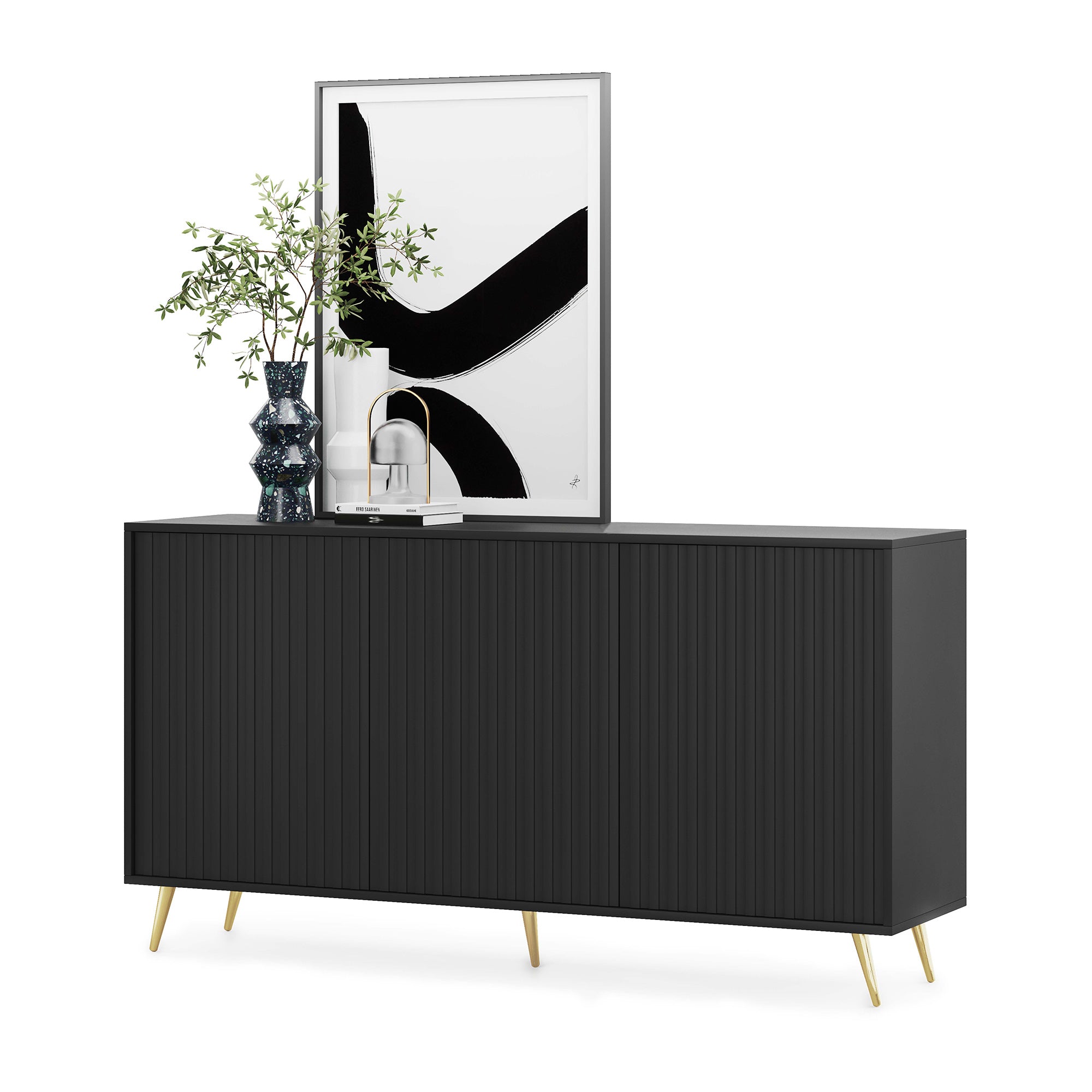 Kommode Bello mit Lamellenfronten, 154 cm, schwarz mit goldenen Beinen