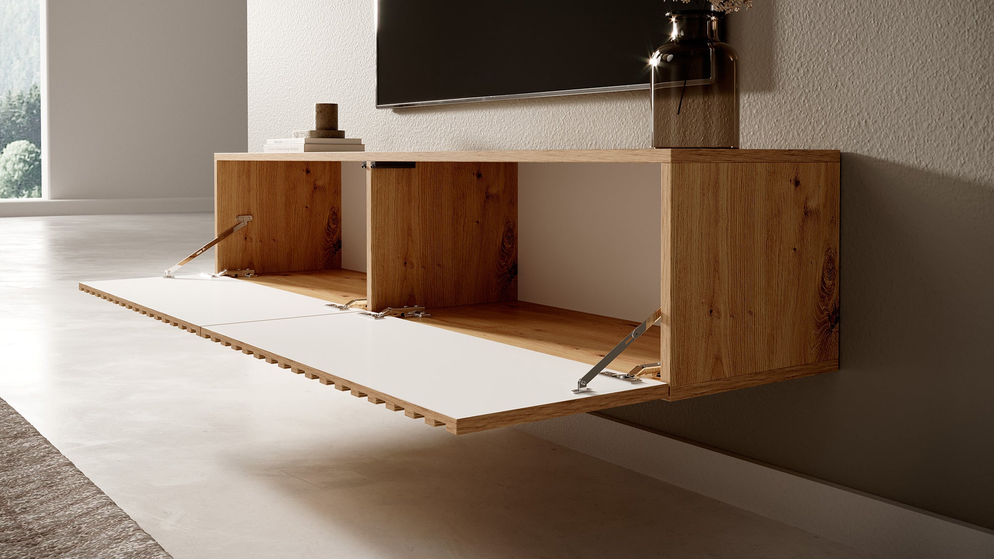 TV-Schrank Telire 138,6 cm Artisan-Eiche mit lamellenförmiger Front und schwarzen Einsätzen
