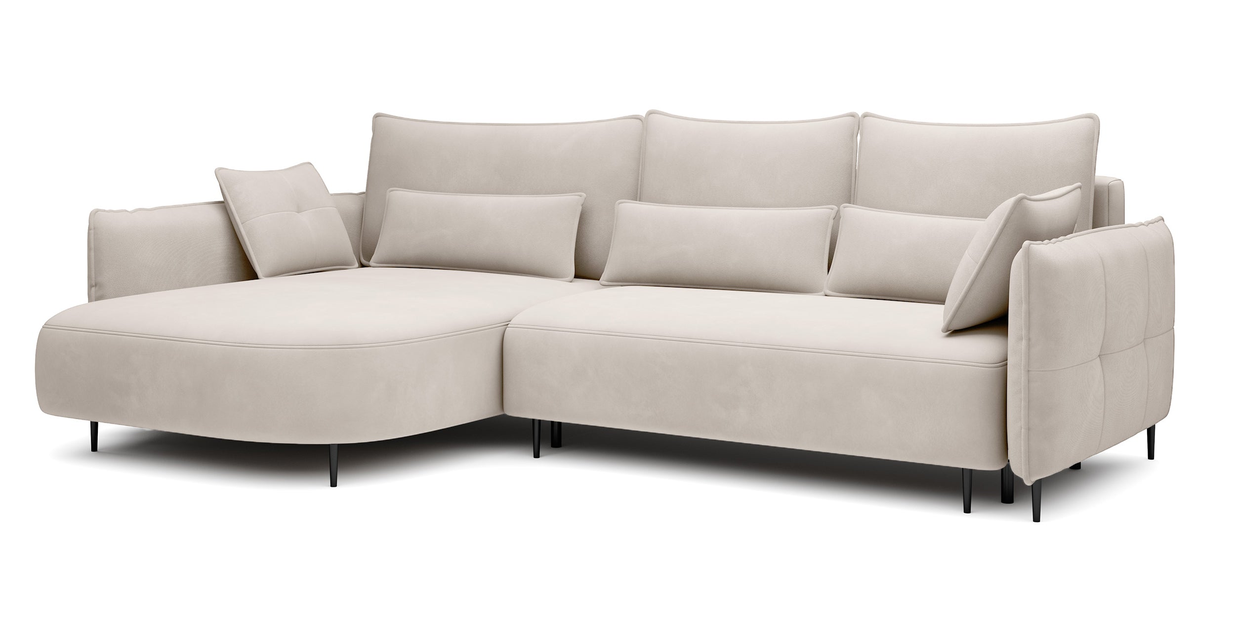 Ecksofa Oblivio mit Schlaffunktion, L-förmig, mit Stauraum, cremefarbener Samt, linksseitig, wasserabweisend