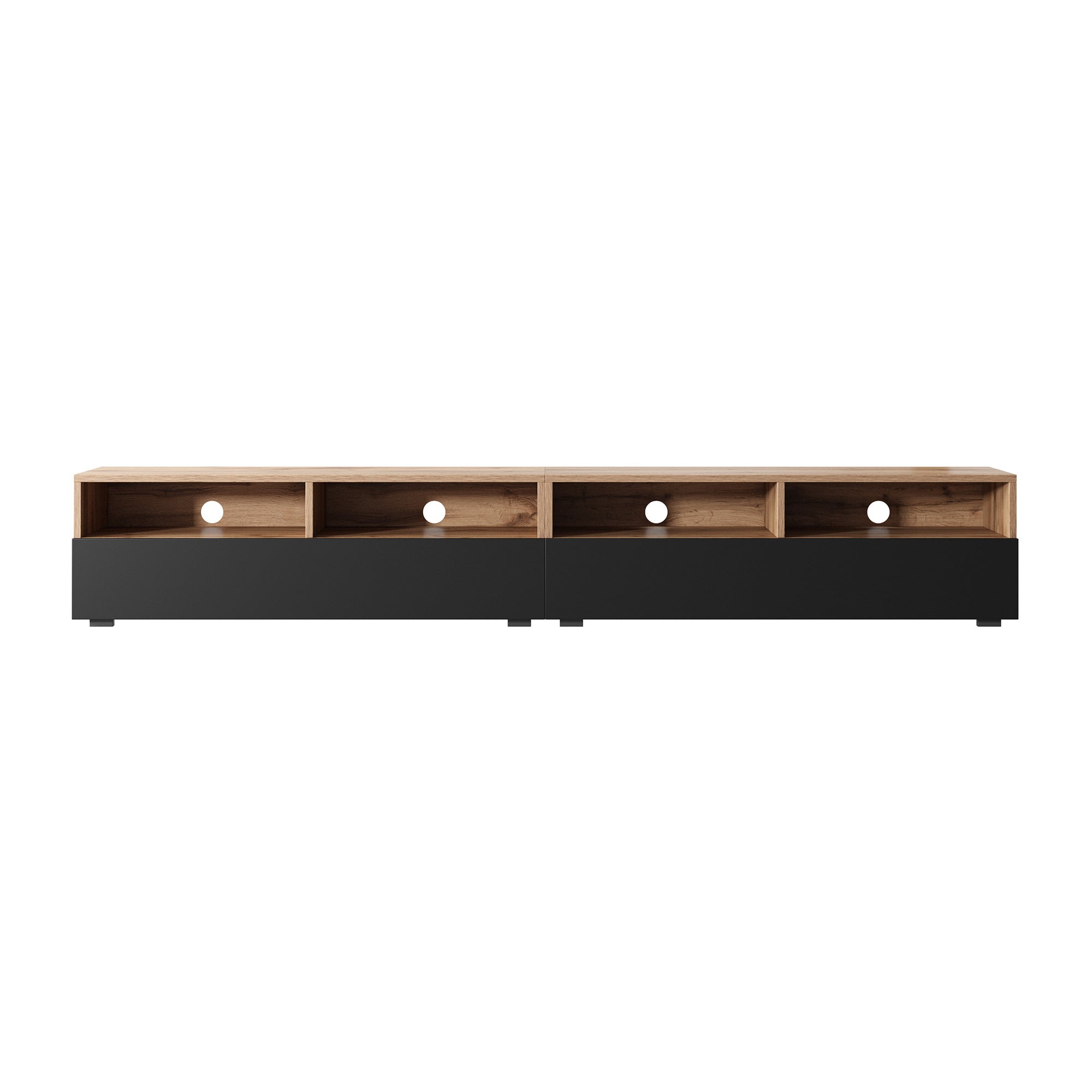 TV-Schrank mit zwei Schubladen Rednaw 200 cm Wotan-Eiche / Hochglanz Schwarz mit Beleuchtung