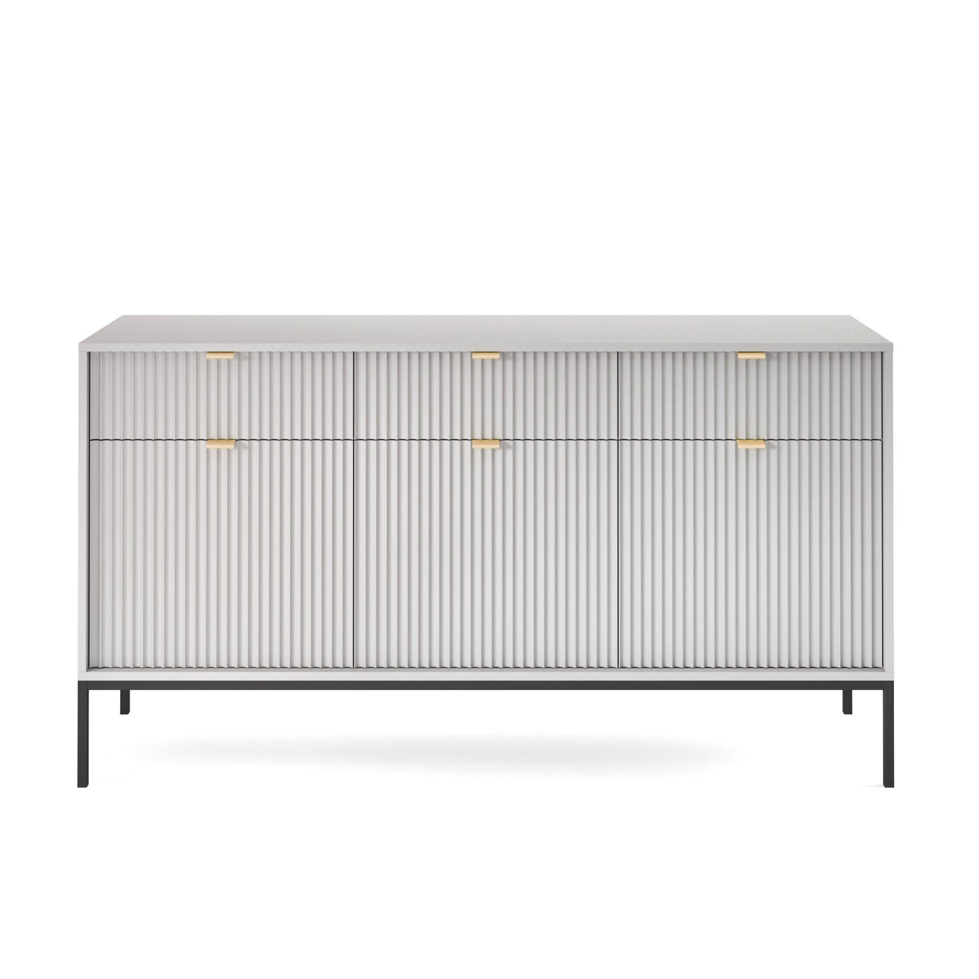 Drehtür-Kommode Vellore 154 cm grau mit gerillten Fronten und goldenen Griffen