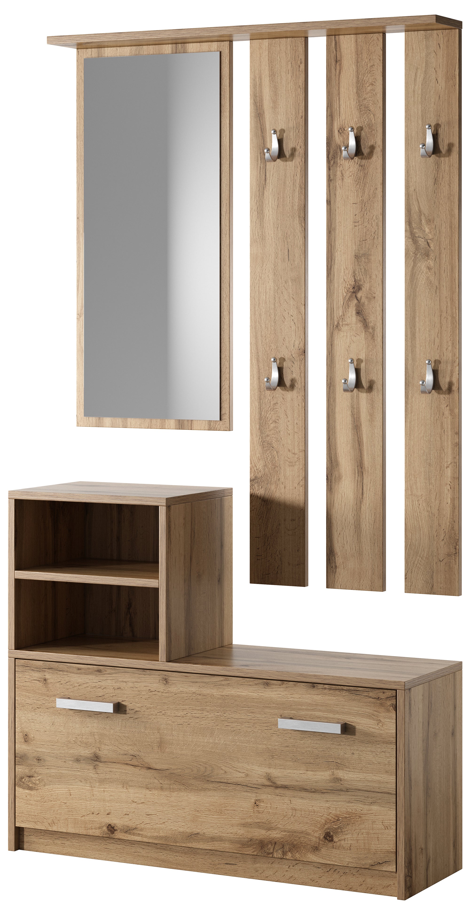 Flur-Set Yesfir mit Spiegel, Haken, Regalen und Schuhschrank Wotan-Eiche