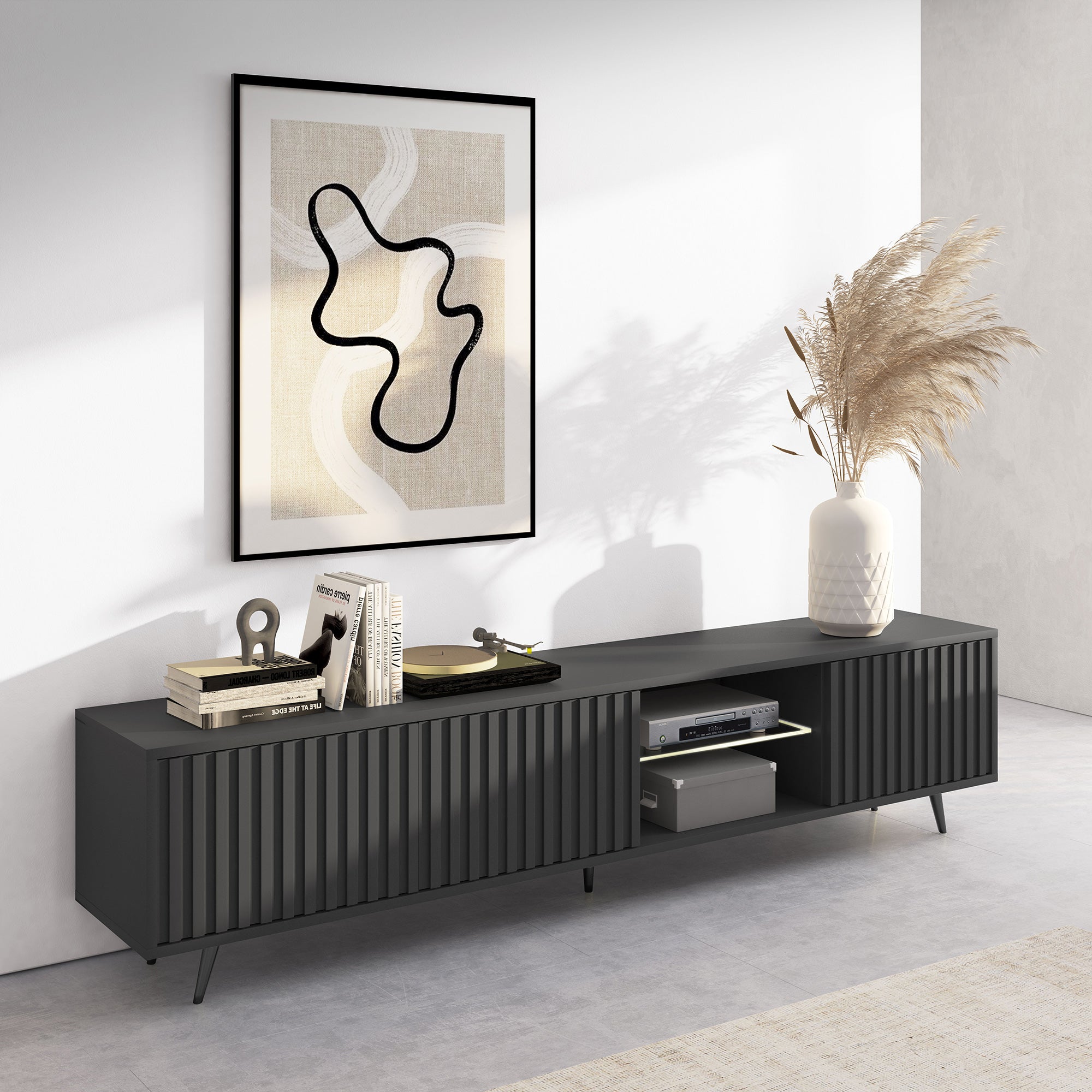 TV-Schrank Bello mit Lamellenfronten, 175 cm, schwarz, mit LED und schwarzen Beinen
