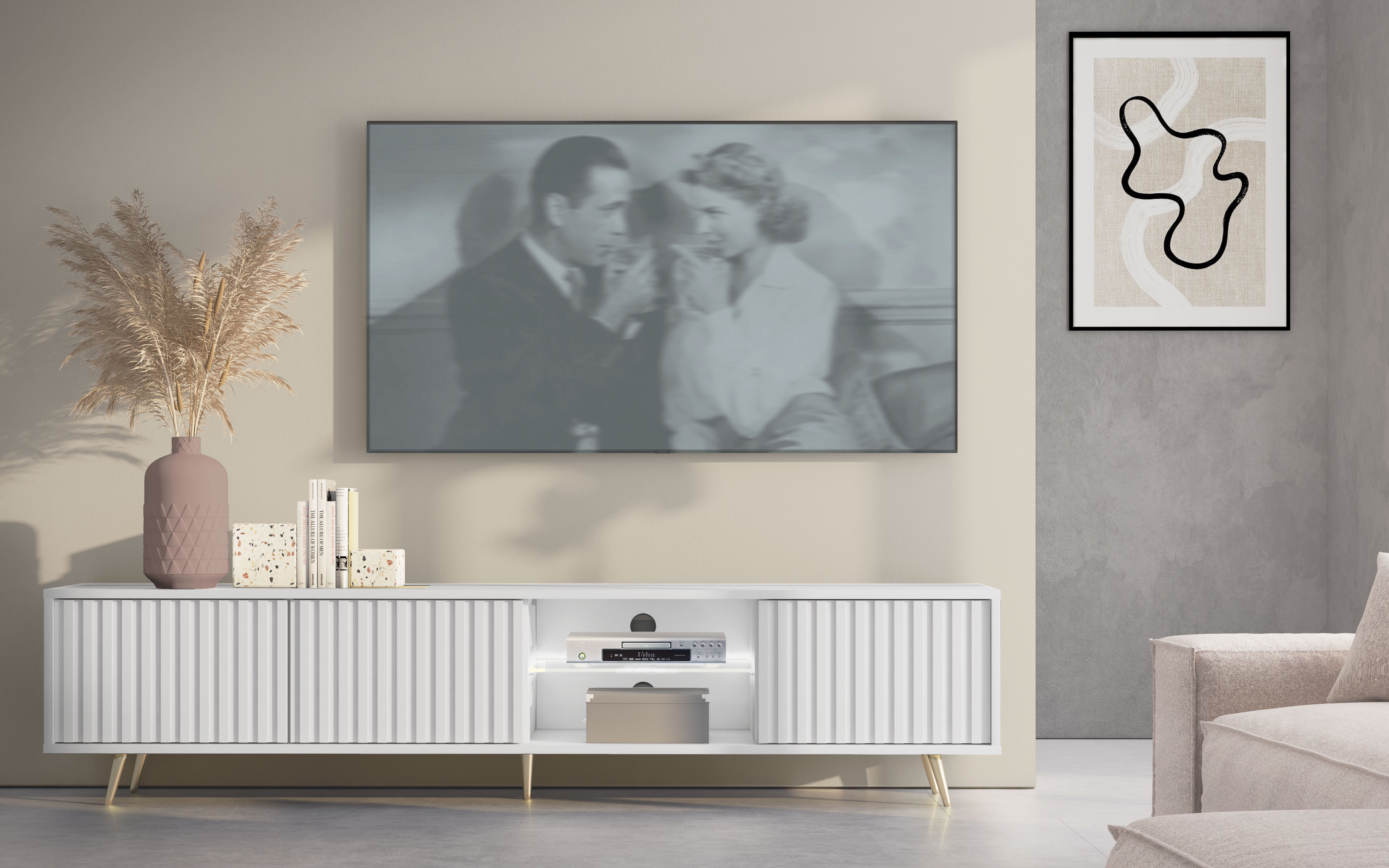 TV-Schrank Bello mit Lamellenfronten, 175 cm, weiß mit LED und goldenen Beinen