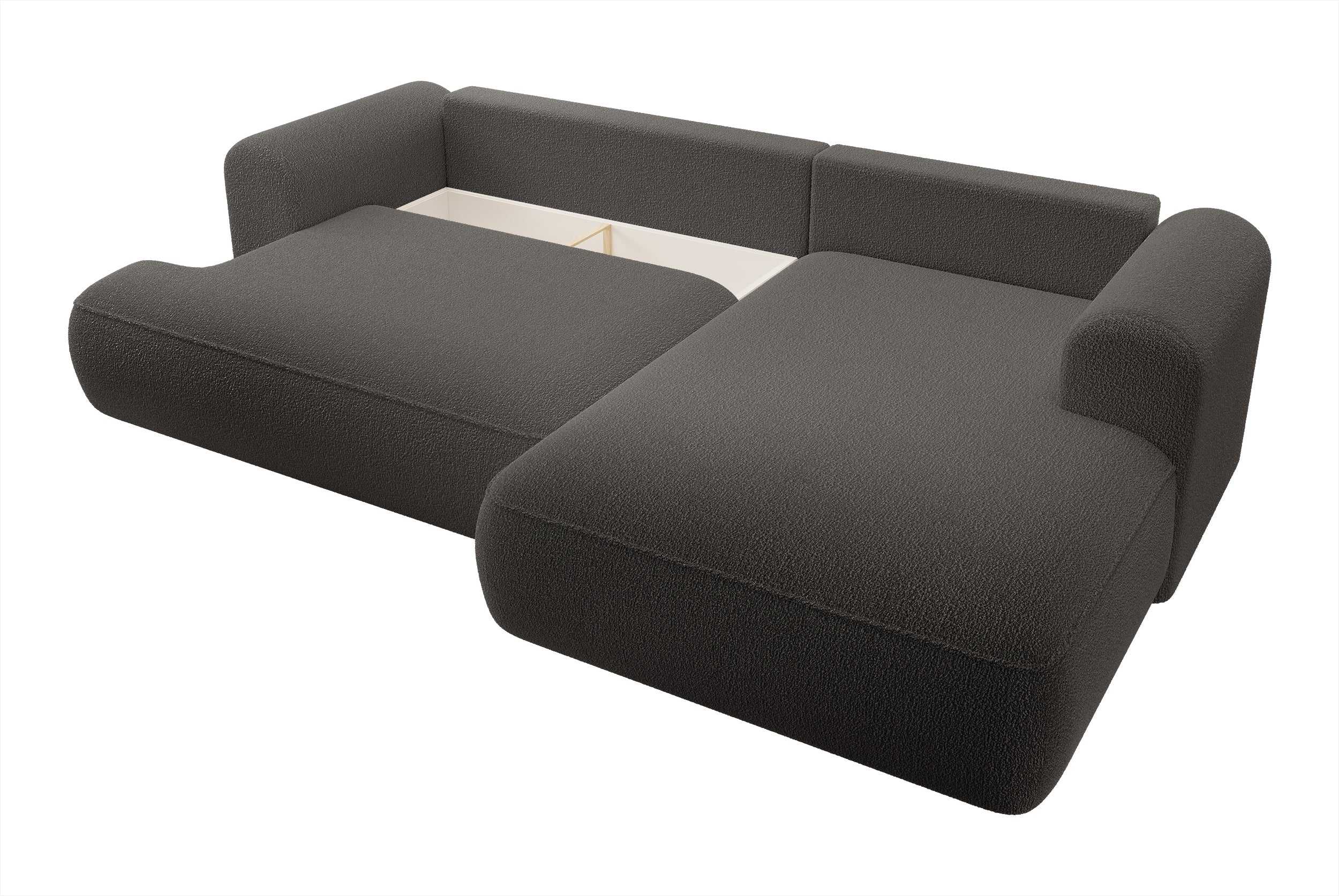 Ecksofa mit Schlaffunktion Ovo, L-förmig, dunkelgrau mit Stauraum, Bouclé, rechtsseitig