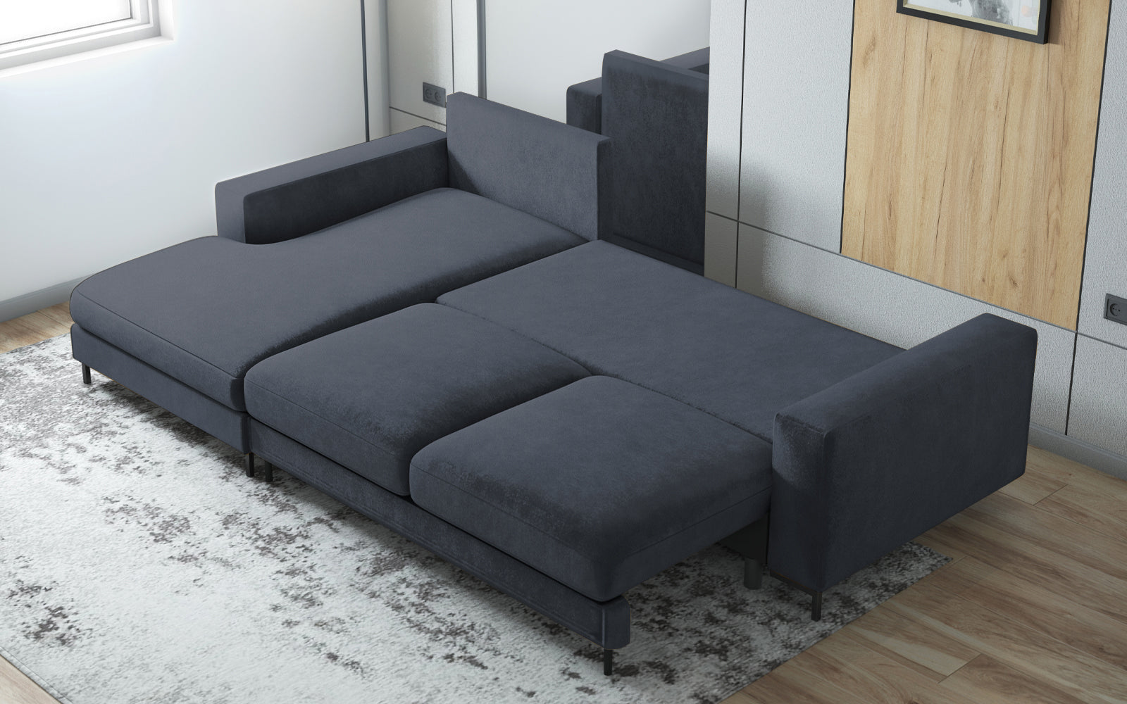 Ecksofa mit Schlaffunktion Mokpeo, L-förmig, mit zwei Stauraumfächern, schwarzen Füßen, marineblau, aus leicht zu reinigendem Stoff, linksseitig