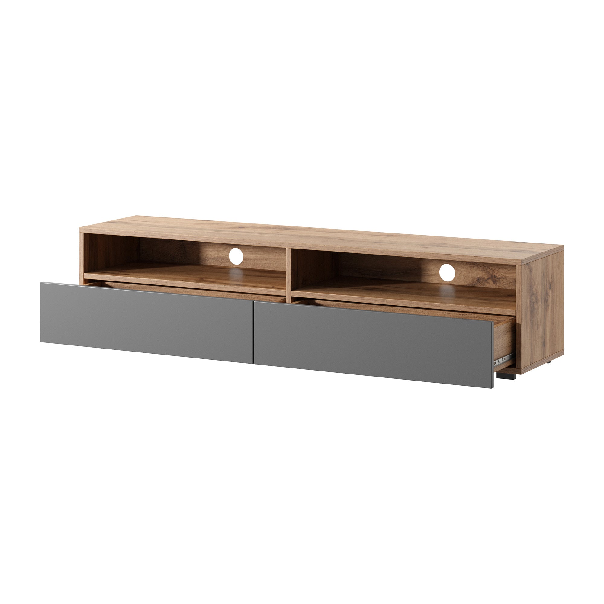 TV-Schrank mit zwei Schubladen Rednaw 140 cm Wotan-Eiche / Grauer Hochglanz mit Beleuchtung