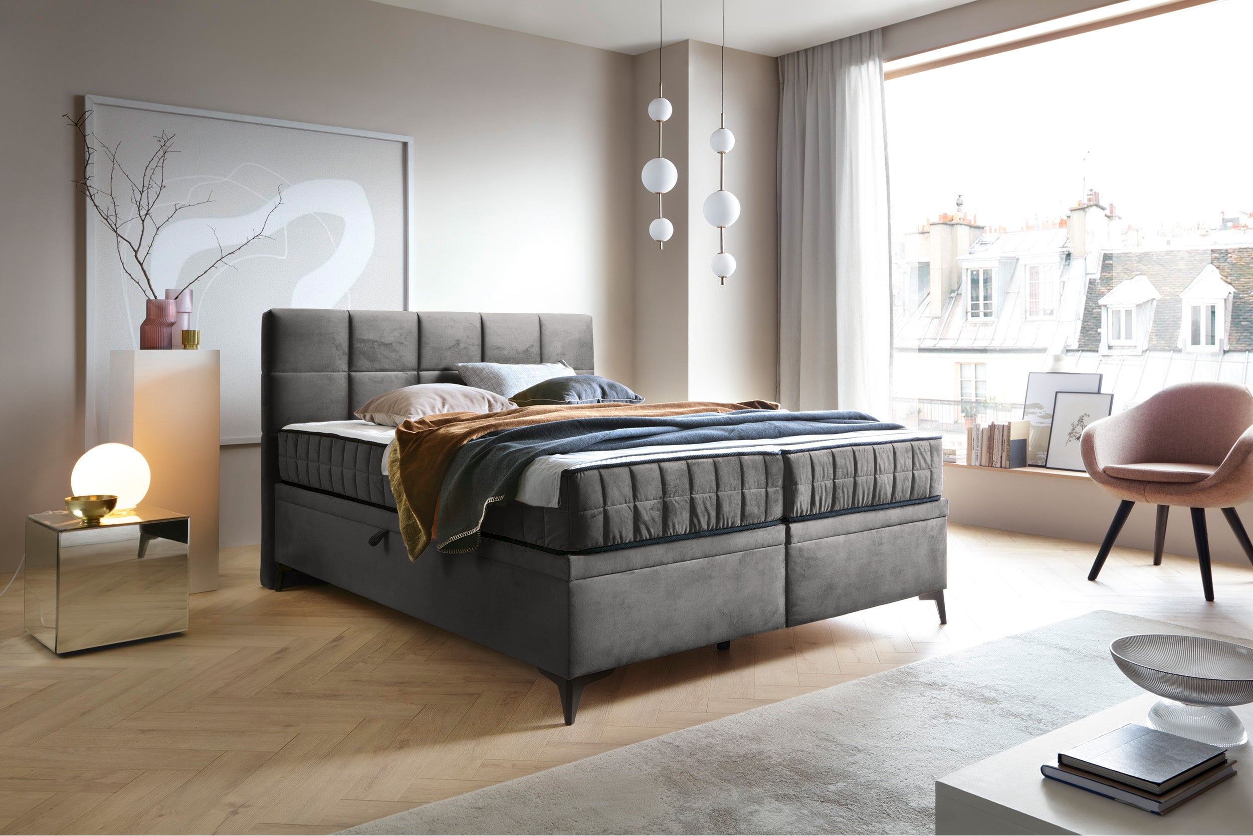 Kontinentales Bett 160x200 cm Beriano mit Stauraum und Matratze, aschgrauer Samt