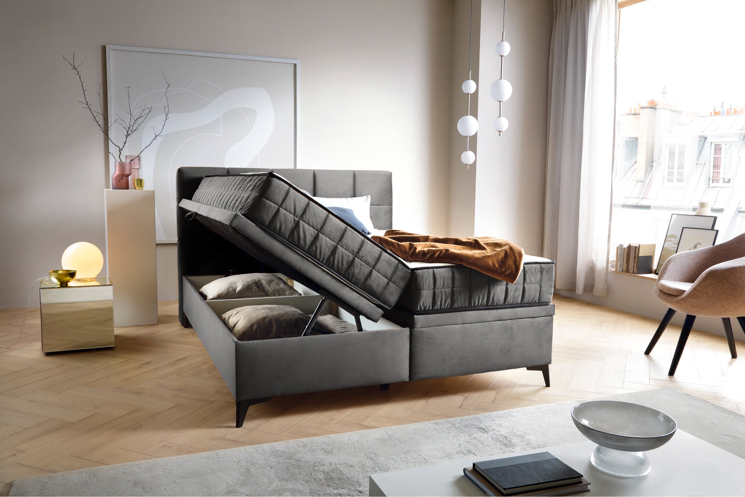 Kontinentales Bett 160x200 cm Beriano mit Stauraum und Matratze, aschgrauer Samt