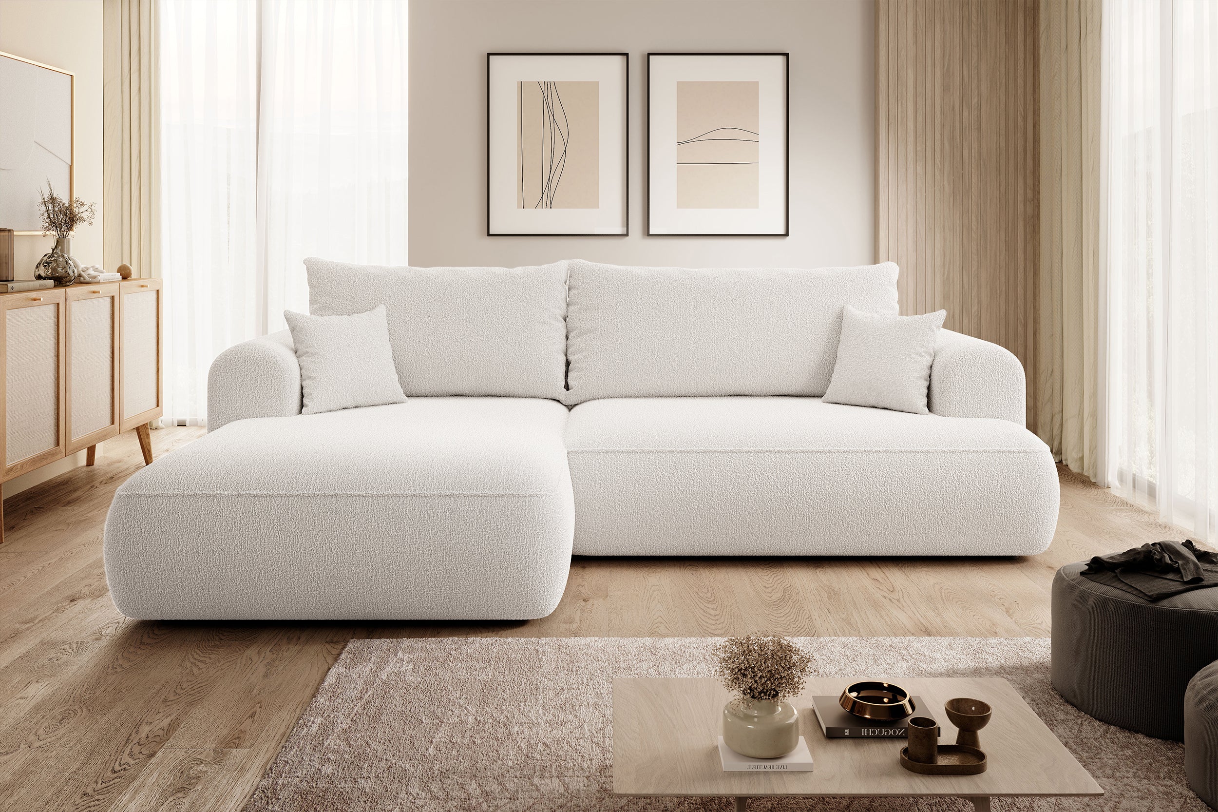 Ecksofa mit Schlaffunktion Ovo, L-förmig, cremefarben mit Stauraum, Bouclé, linksseitig