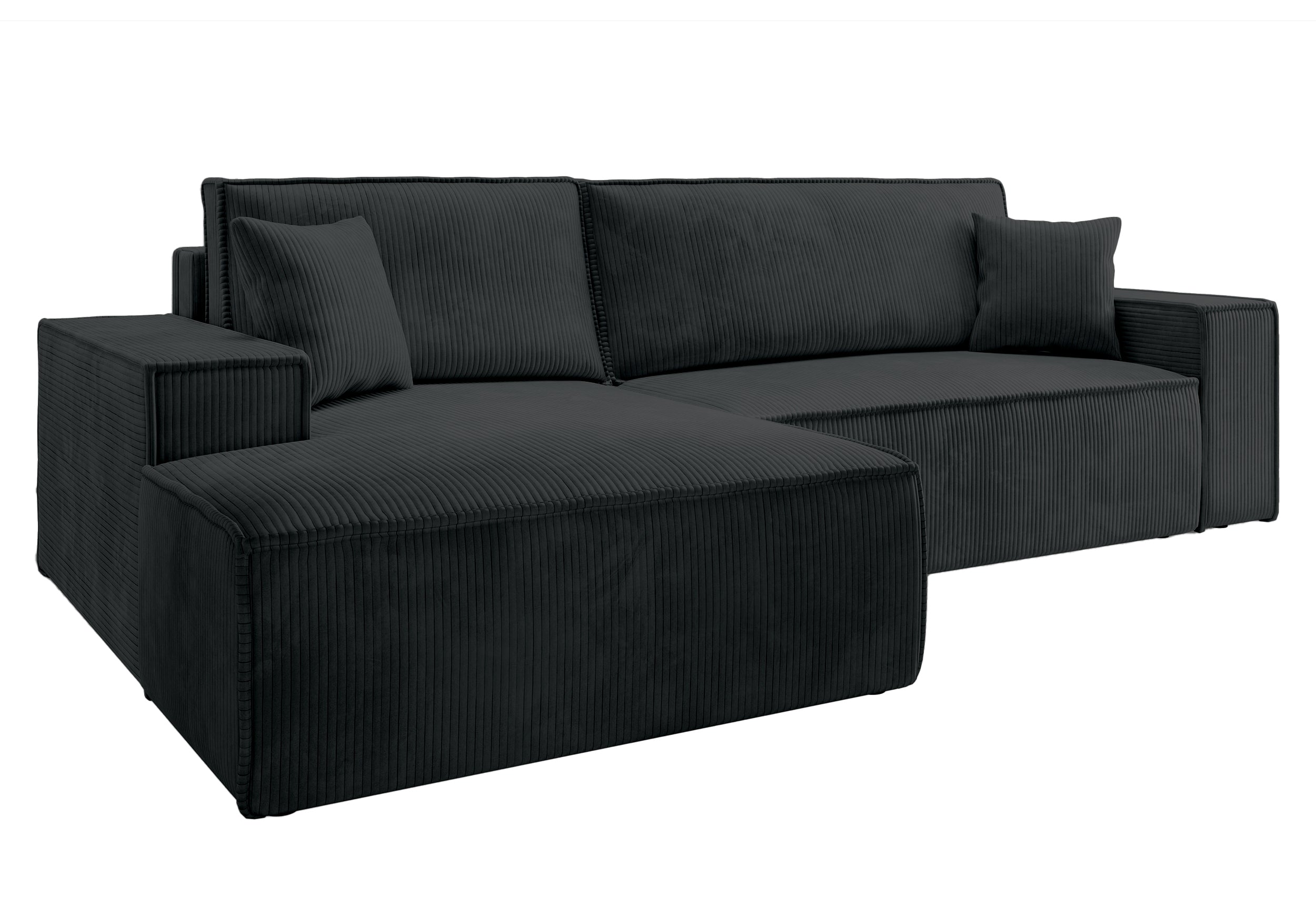 Ecksofa mit Schlaffunktion Farese New, L-förmig, mit Stauraum, schwarzer Cord, linksseitig