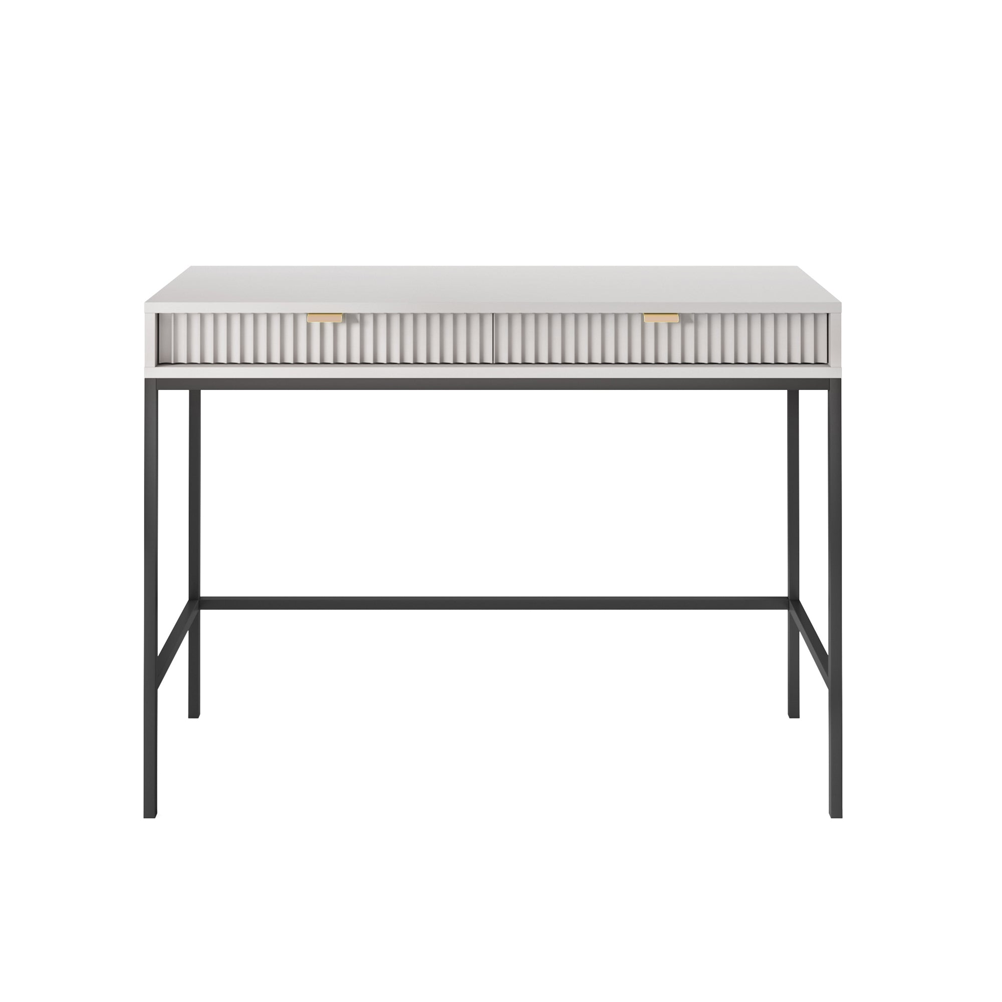 Schminktisch Vellore 104 cm grau mit geriffelten Fronten und goldenen Griffen