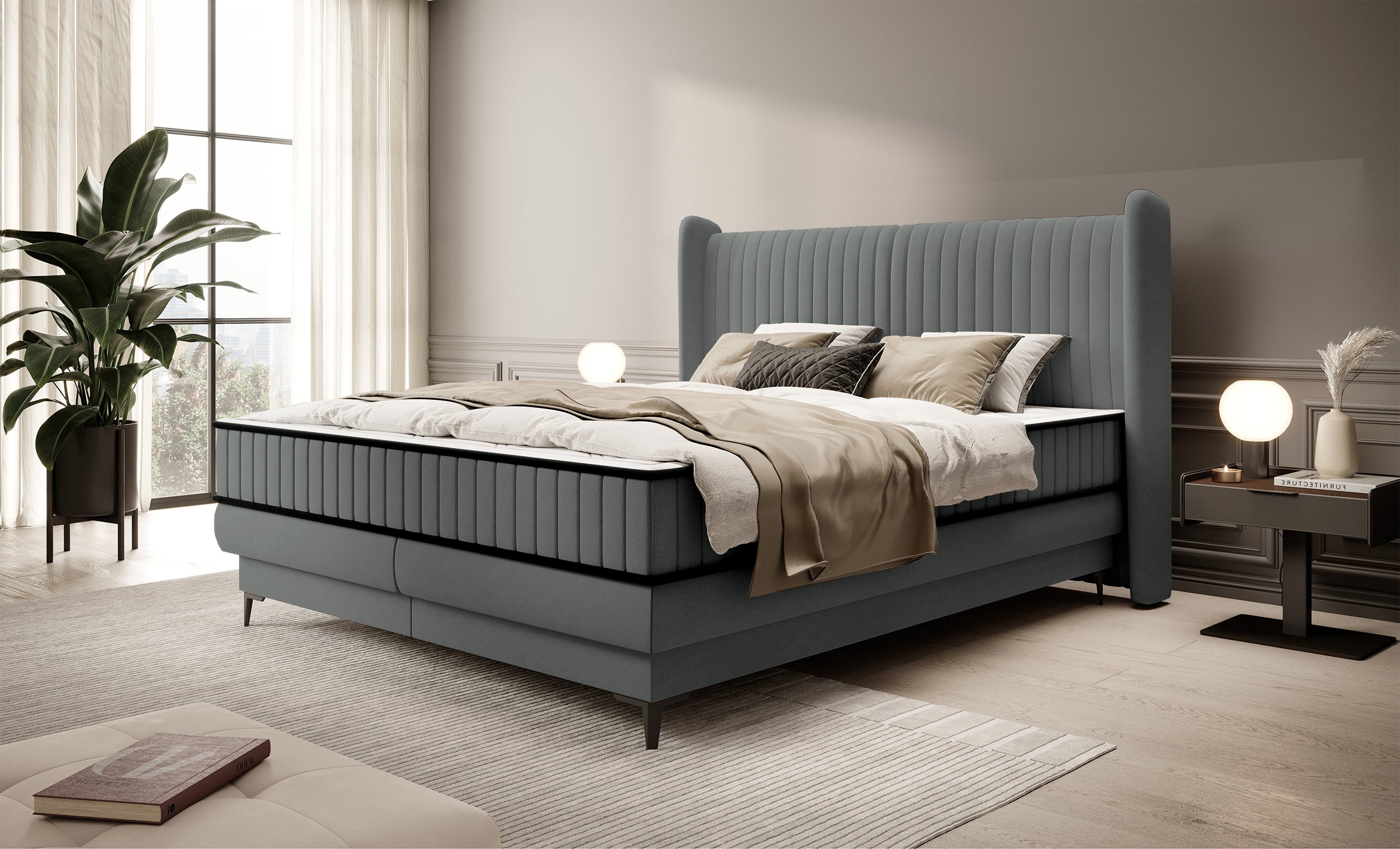 Kontinentales Bett 140x200 cm Daliano mit Stauraum, dunkelgrauer Samt