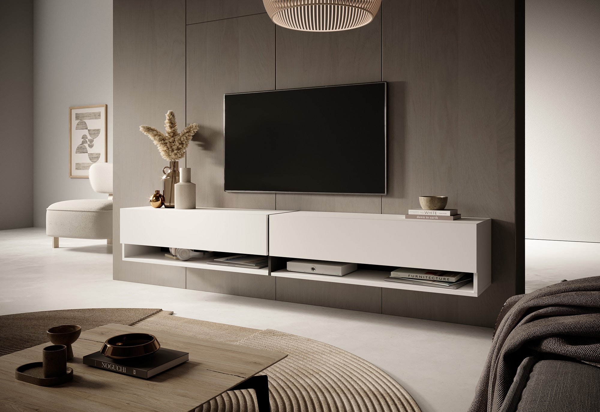 TV-Schrank Mirrgo 200 cm weiß mit grafitfarbenen Einsätzen