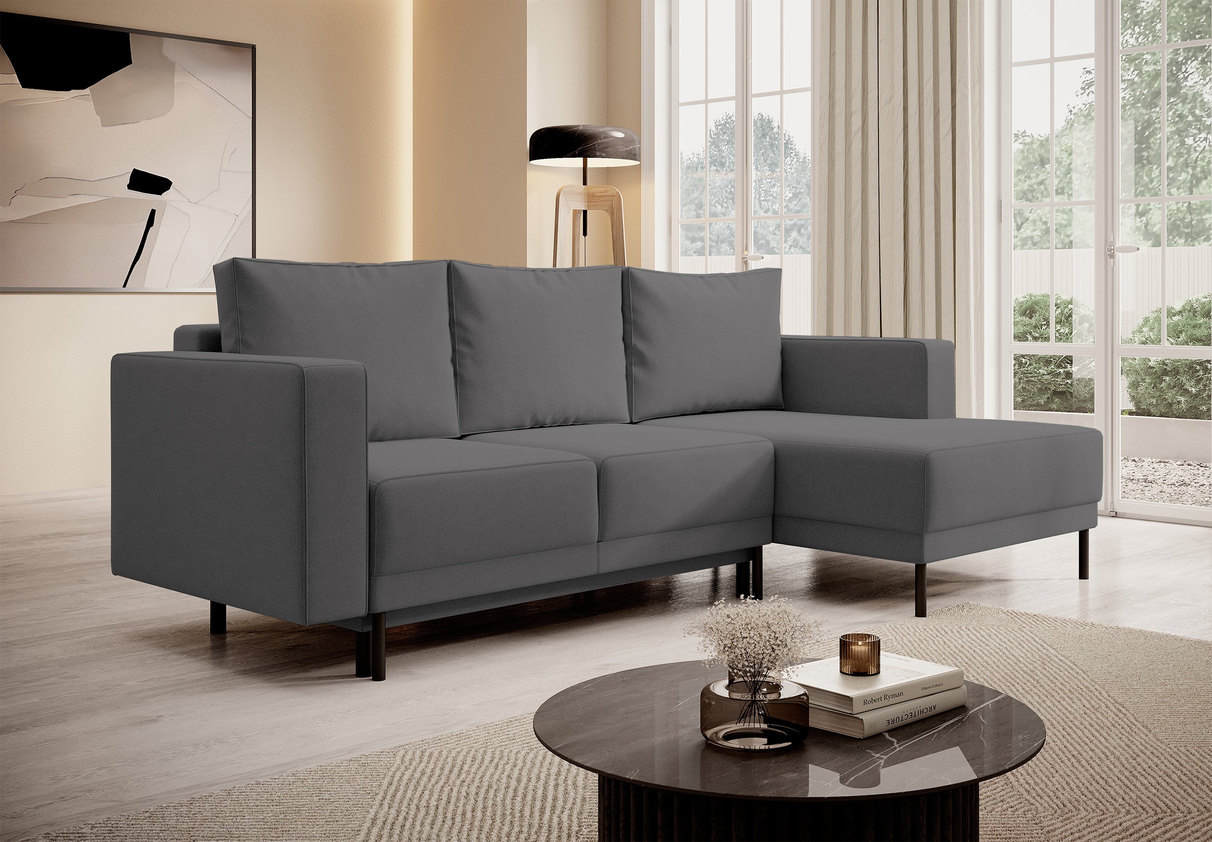 Ecksofa mit Schlaffunktion Rodario Mini, L-förmig, mit Stauraum, dunkelgrauer, leicht zu reinigender Samt, rechtsseitig