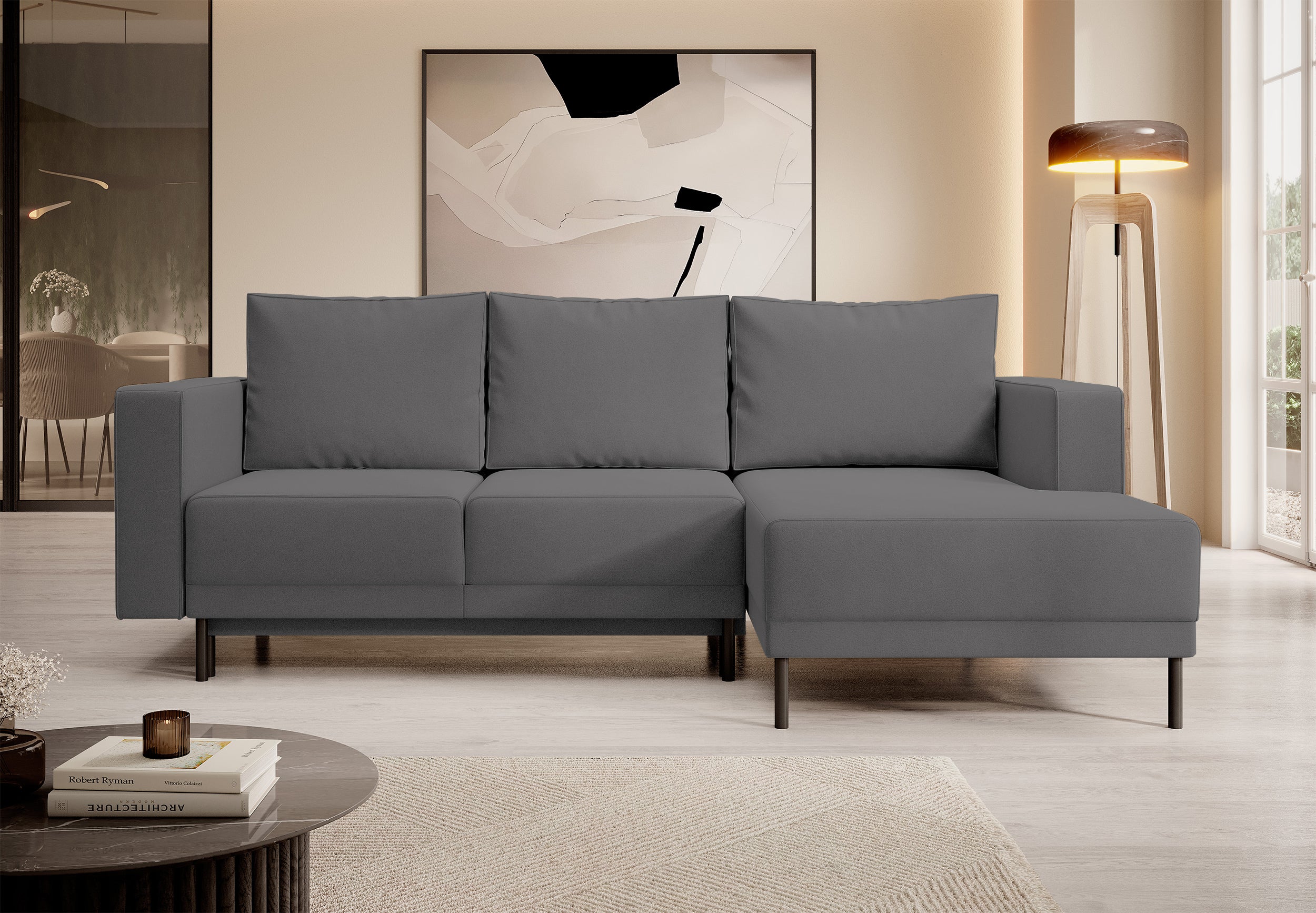 Ecksofa mit Schlaffunktion Rodario Mini, L-förmig, mit Stauraum, dunkelgrauer, leicht zu reinigender Samt, rechtsseitig