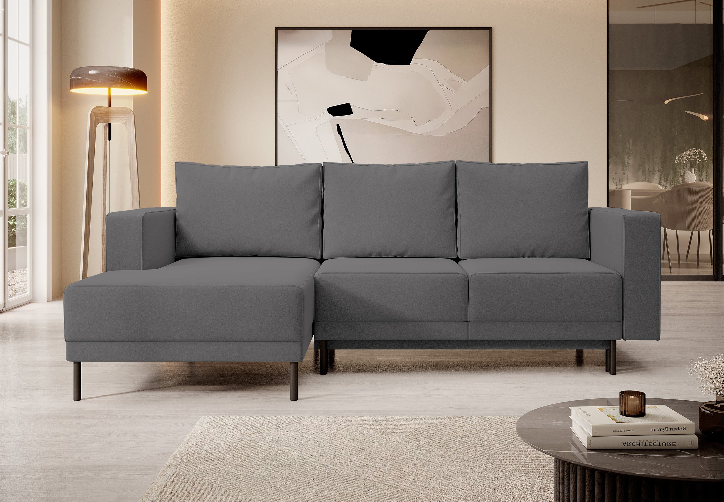 Ecksofa mit Schlaffunktion Rodario Mini, L-förmig, mit Stauraum, dunkelgrauer, leicht zu reinigender Samt, linksseitig