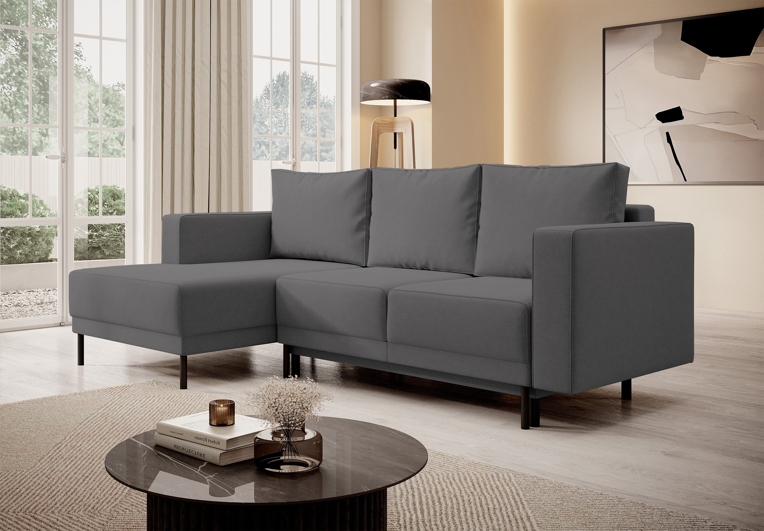 Ecksofa mit Schlaffunktion Rodario Mini, L-förmig, mit Stauraum, dunkelgrauer, leicht zu reinigender Samt, linksseitig