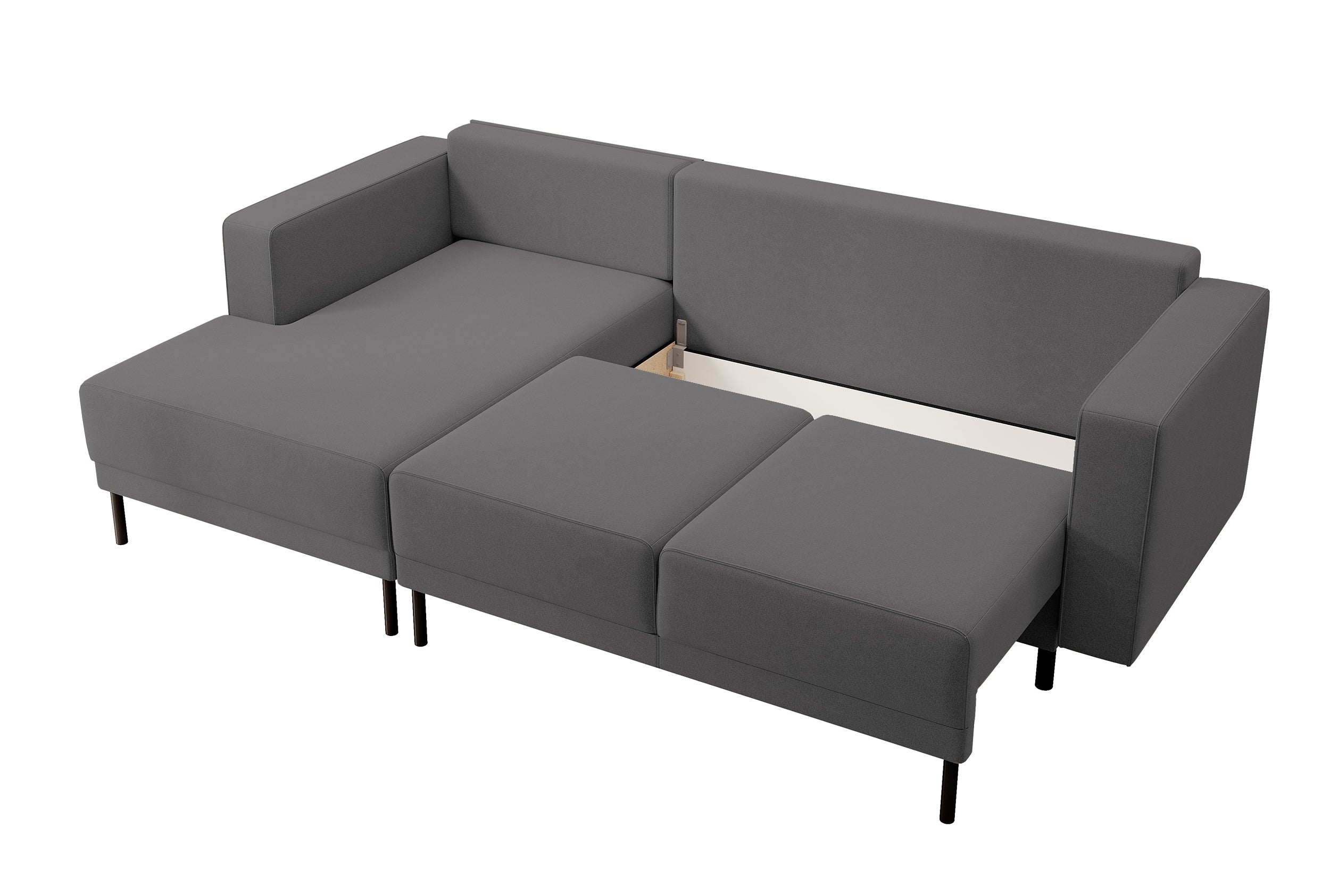 Ecksofa mit Schlaffunktion Rodario Mini, L-förmig, mit Stauraum, dunkelgrauer, leicht zu reinigender Samt, linksseitig