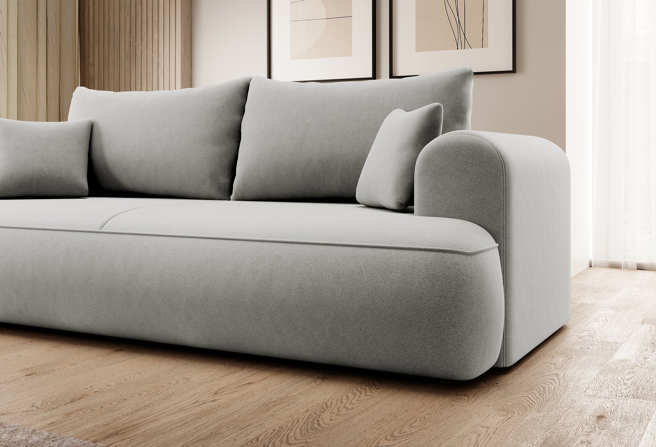 Dreisitziges ausklappbares Sofa Ovo mit Stauraum, grauer Samt aus leicht zu reinigendem Stoff