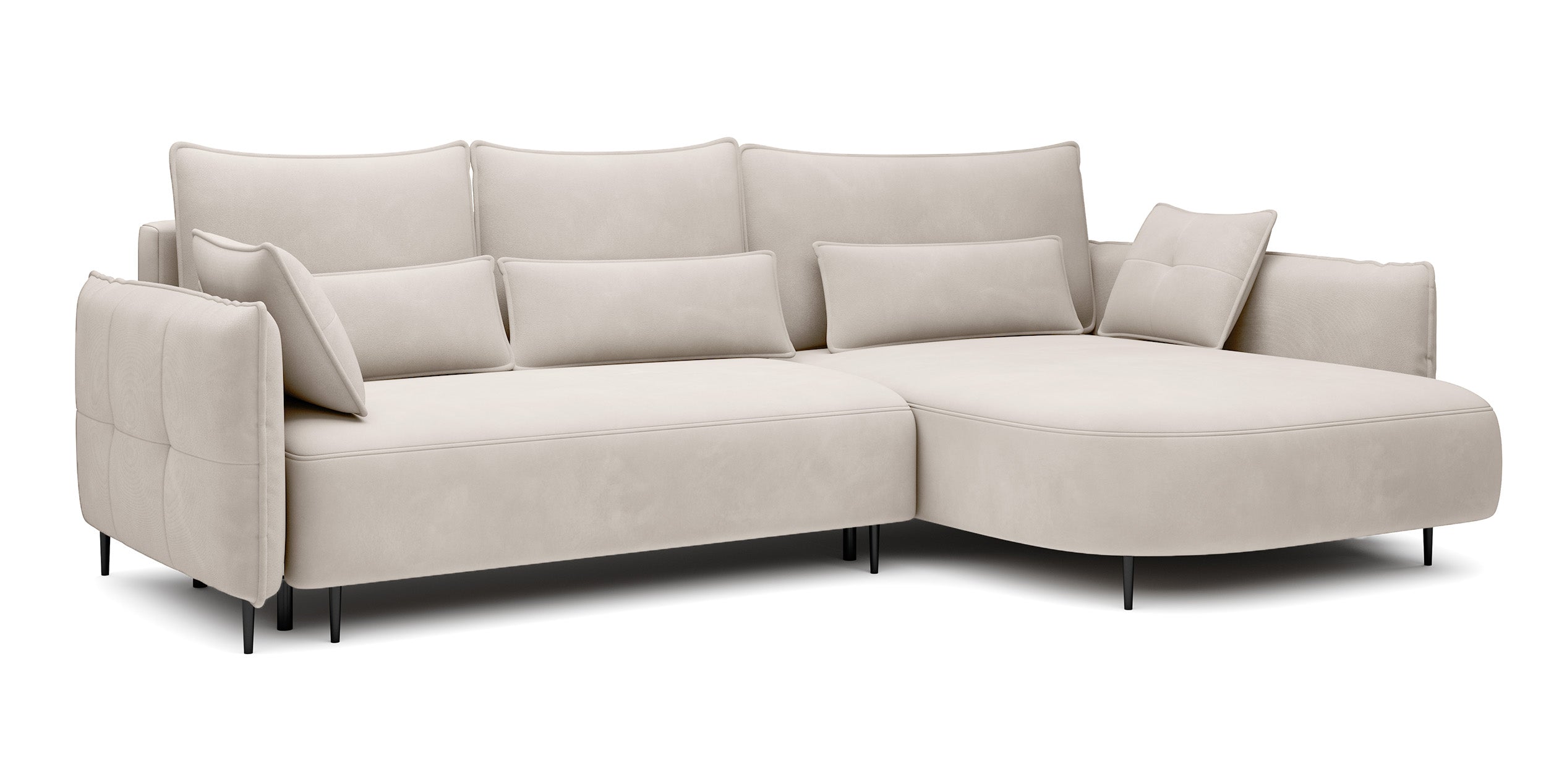 Ecksofa Oblivio mit Schlaffunktion, L-förmig, mit Stauraum, cremefarbener Samt, rechtsseitig, wasserabweisend