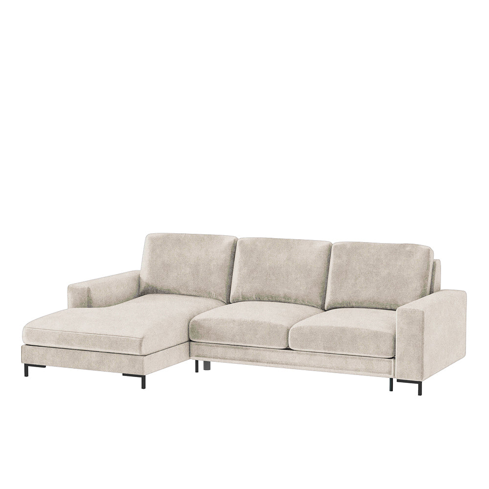 Ecksofa mit Schlafunktion Mokpeo, L-förmig, mit zwei Stauraumfächern, auf schwarzen Füßen, hellbeige, aus leicht zu reinigendem Stoff, linksseitig