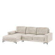 Ecksofa mit Schlafunktion Mokpeo, L-förmig, mit zwei Stauraumfächern, auf schwarzen Füßen, hellbeige, aus leicht zu reinigendem Stoff, linksseitig