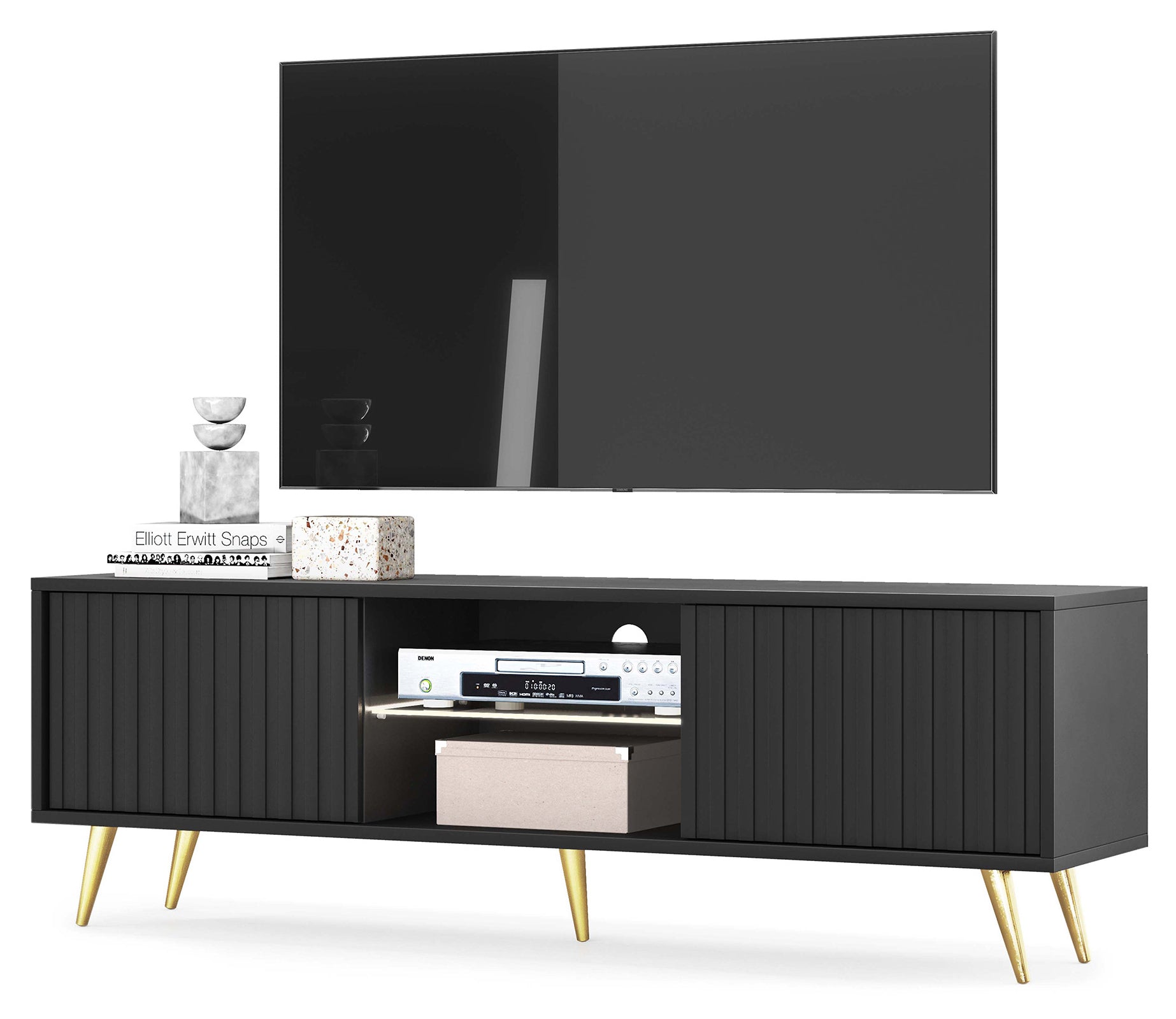 TV-Schrank Bello mit Lamellenfronten, 135 cm, schwarz mit goldenen Beinen