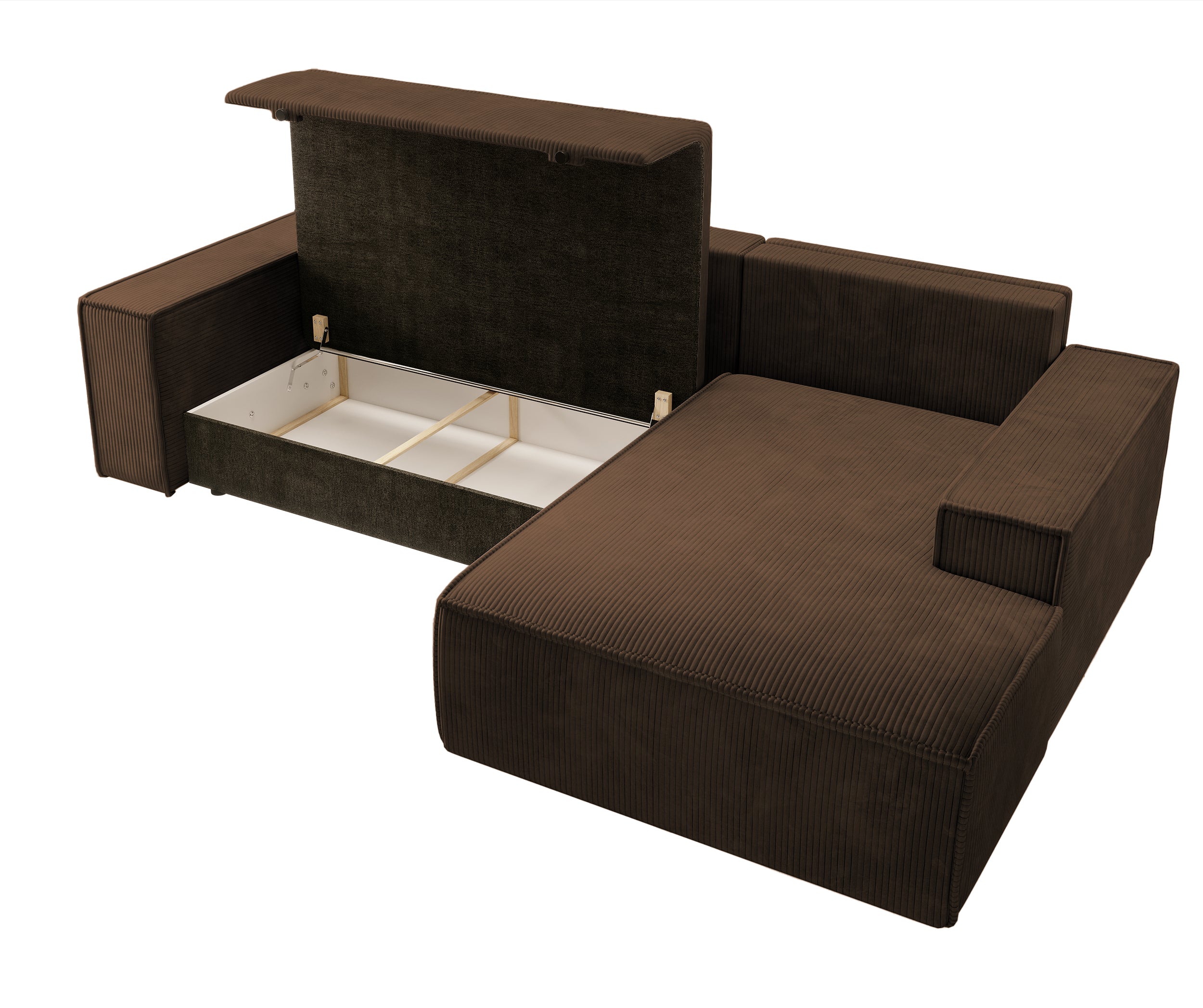 Ecksofa mit Schlaffunktion Farese New, L-förmig, mit Stauraum, brauner Cordstoff, rechtsseitig