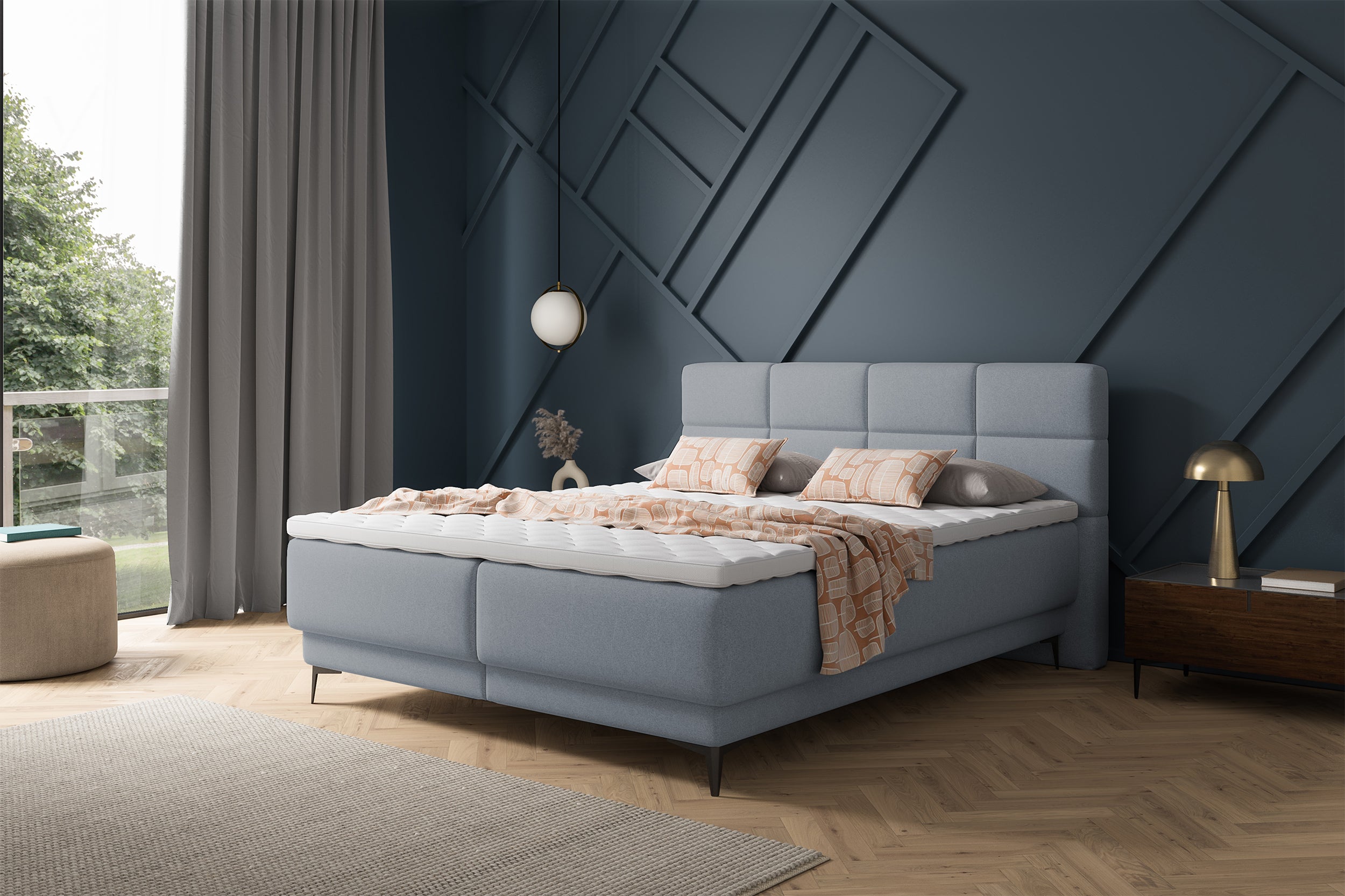 Kontinentales Bett 140x200 cm Rektango mit Stauraum und Topper, grafischer Samt