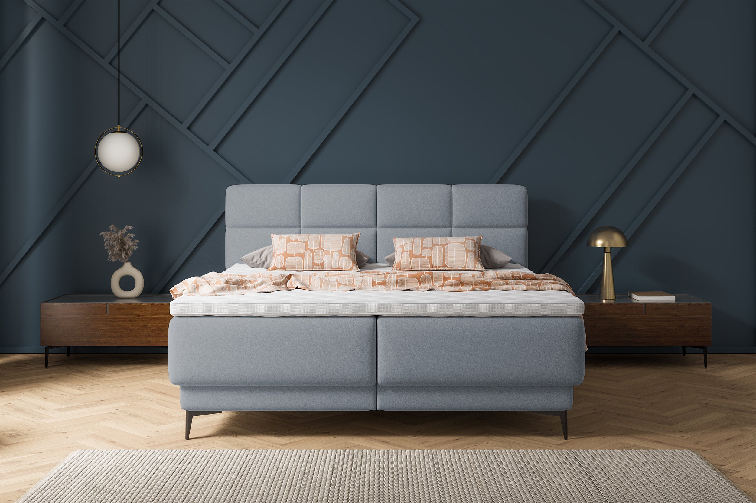 Kontinentales Bett 160x200 cm Rektango mit Stauraum und Topper, grafischer Samt