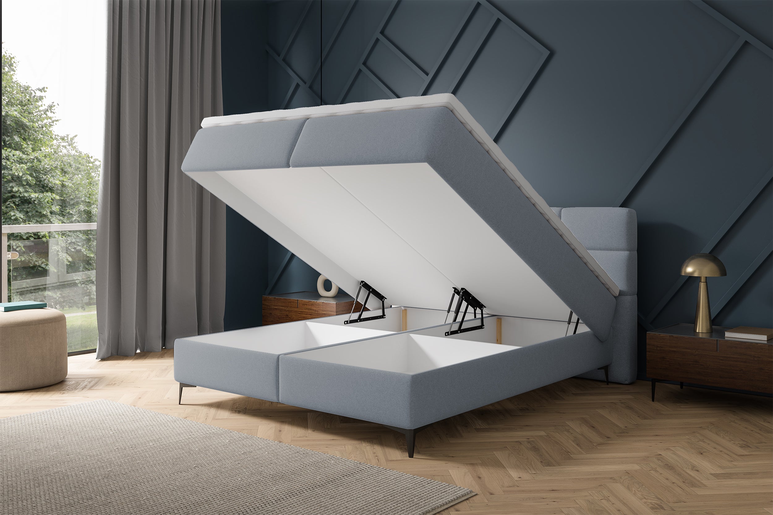 Kontinentales Bett 160x200 cm Rektango mit Stauraum und Topper, grafischer Samt