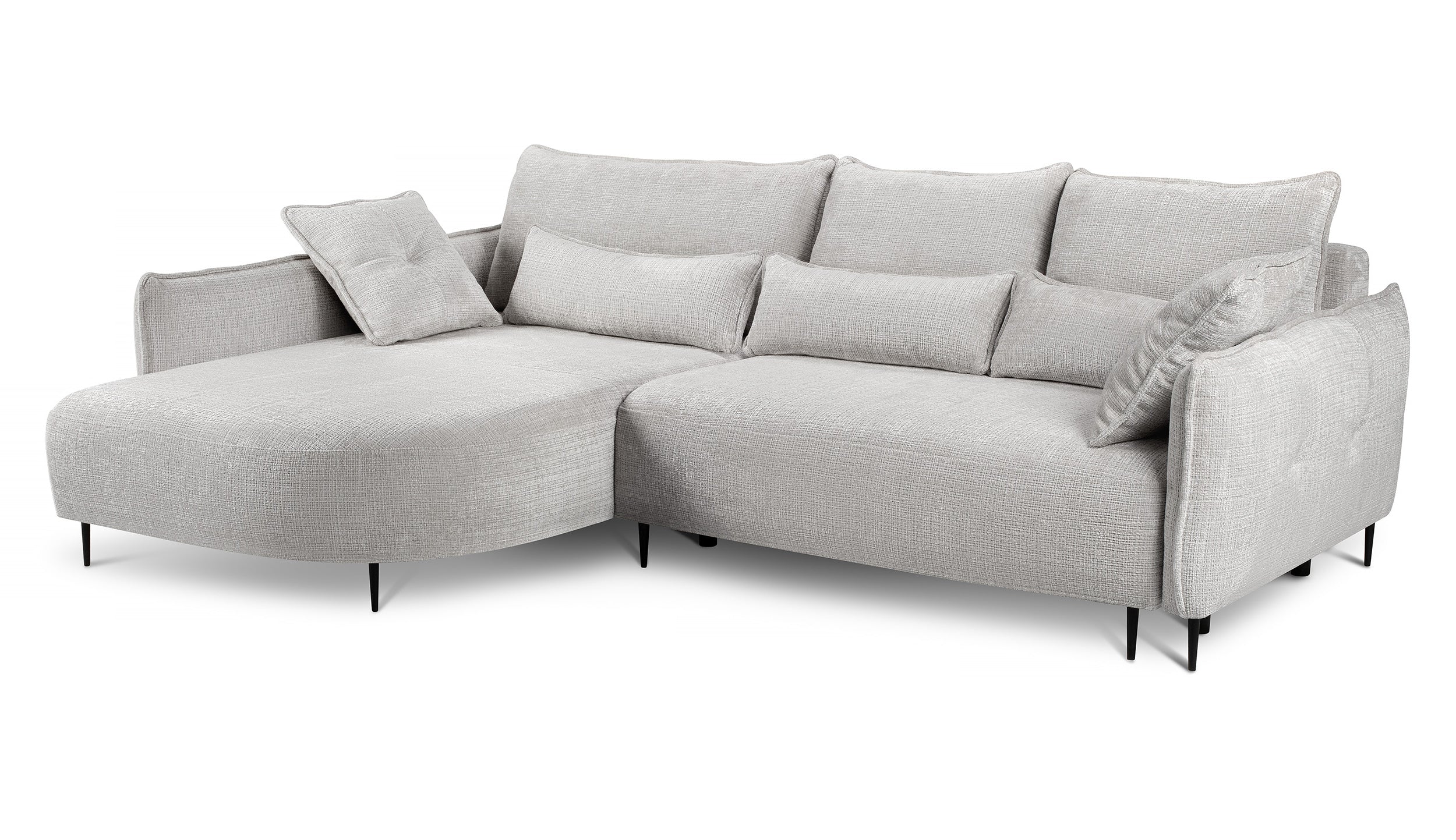 Ecksofa Oblivio mit Schlaf-Funktion, L-förmig, mit Stauraum, hellgrauer Chenille, linksseitig
