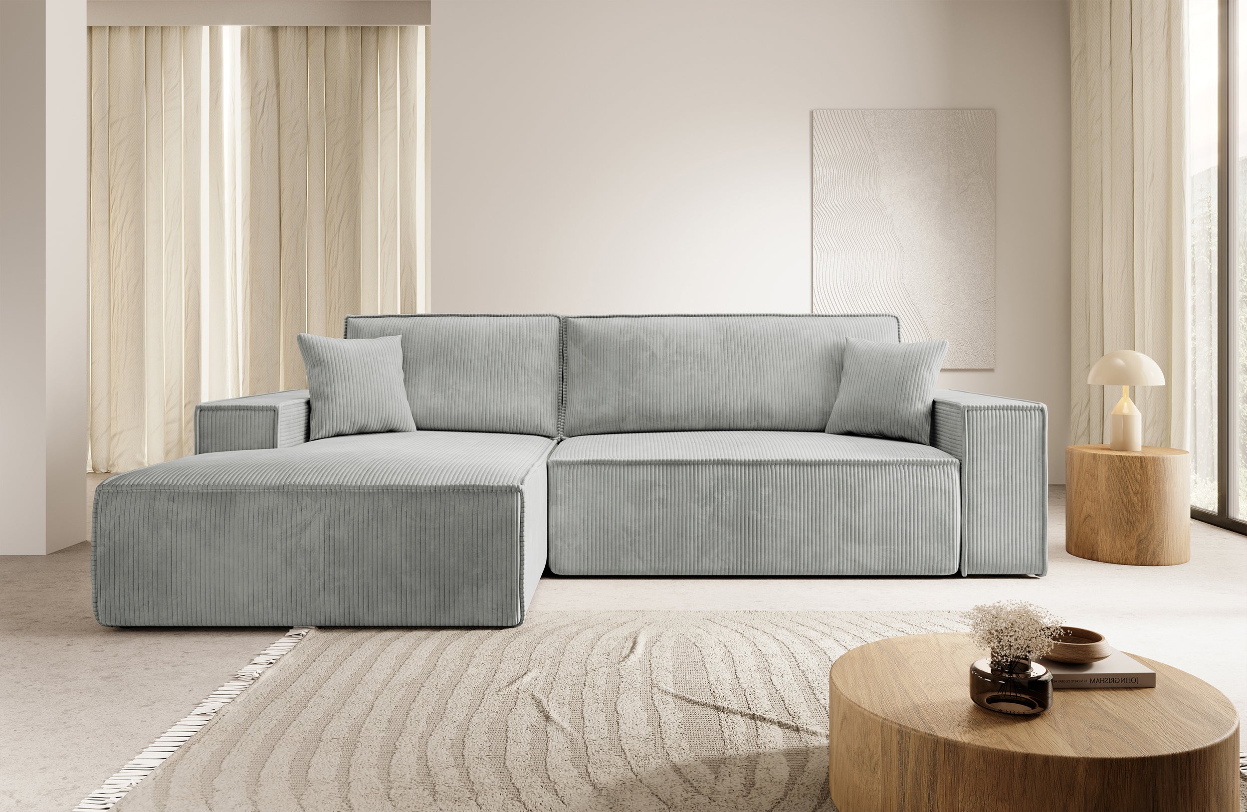 Ecksofa mit Schlafunktion Farese New, L-förmig, mit Stauraum, hellgrauer Cord, linksseitig