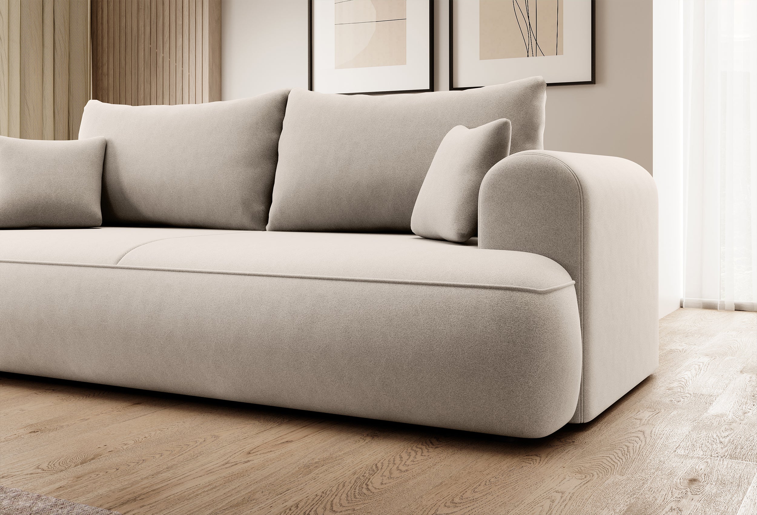Dreisitziges ausklappbares Sofa Ovo mit Stauraum, hellbeiger Velours aus leicht zu reinigendem Stoff