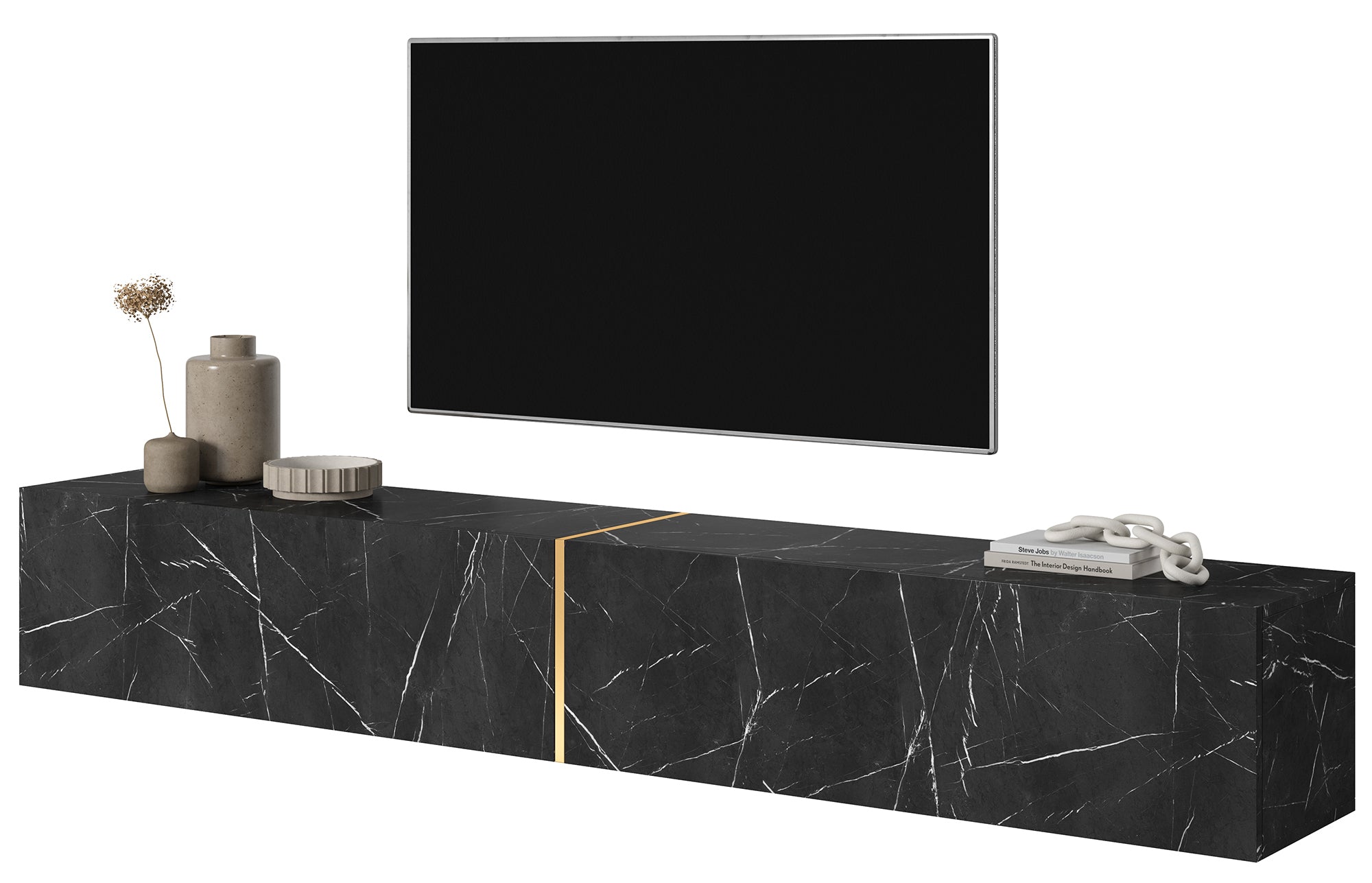 TV-Schrank Bisira 200 cm schwarzer Marmor mit goldenem Einsatz