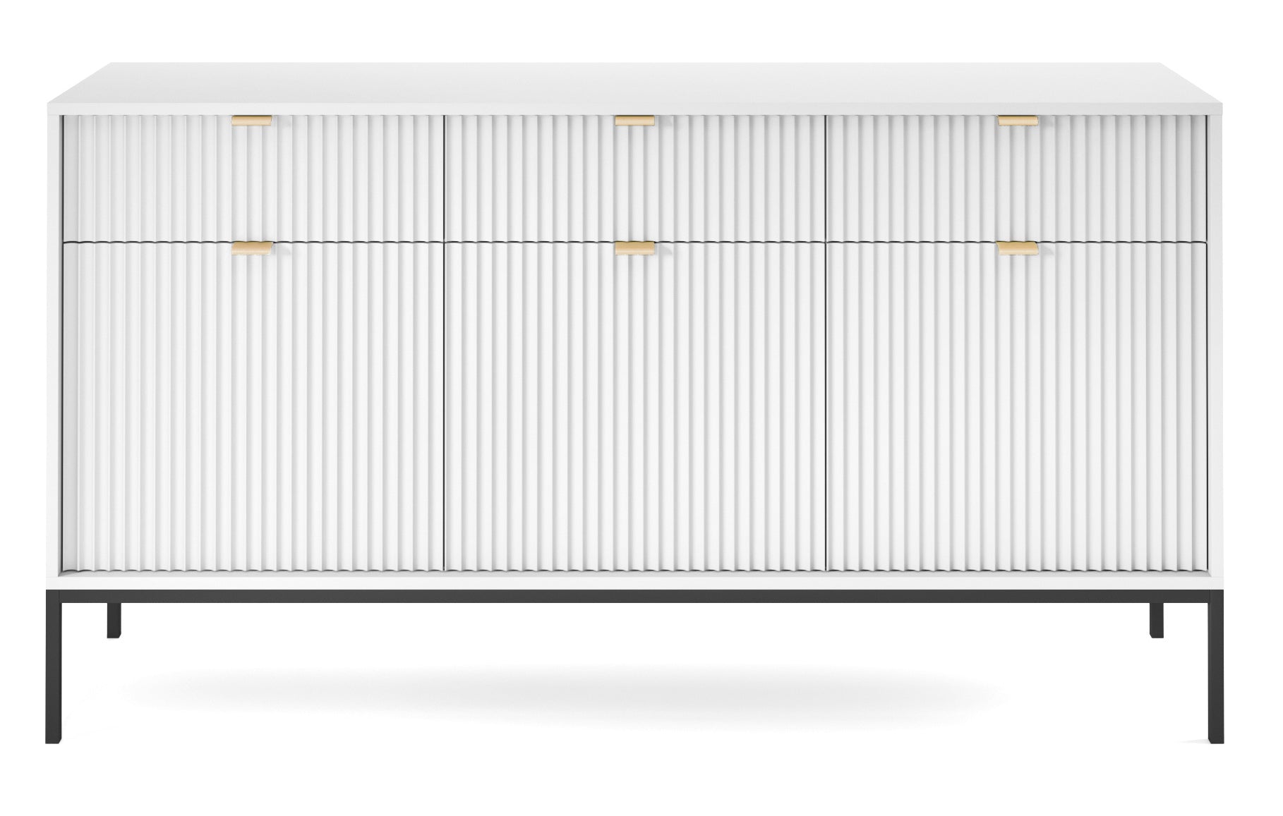 Drehtür-Kommode Vellore 154 cm weiß mit gerillten Fronten und goldenen Griffen