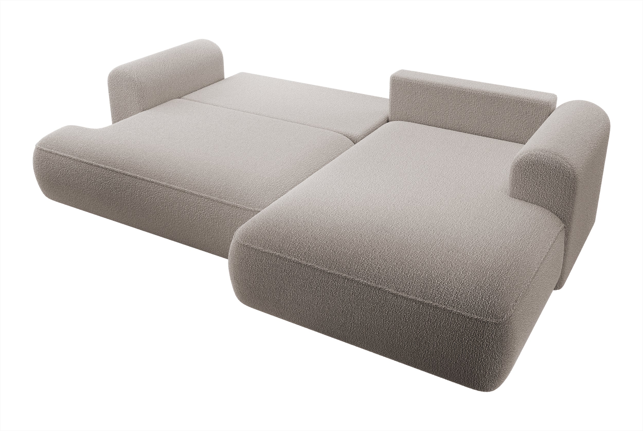 Ecksofa mit Schlaffunktion Ovo, L-förmig, dunkelbeige mit Stauraum, Bouclé, rechtsseitig