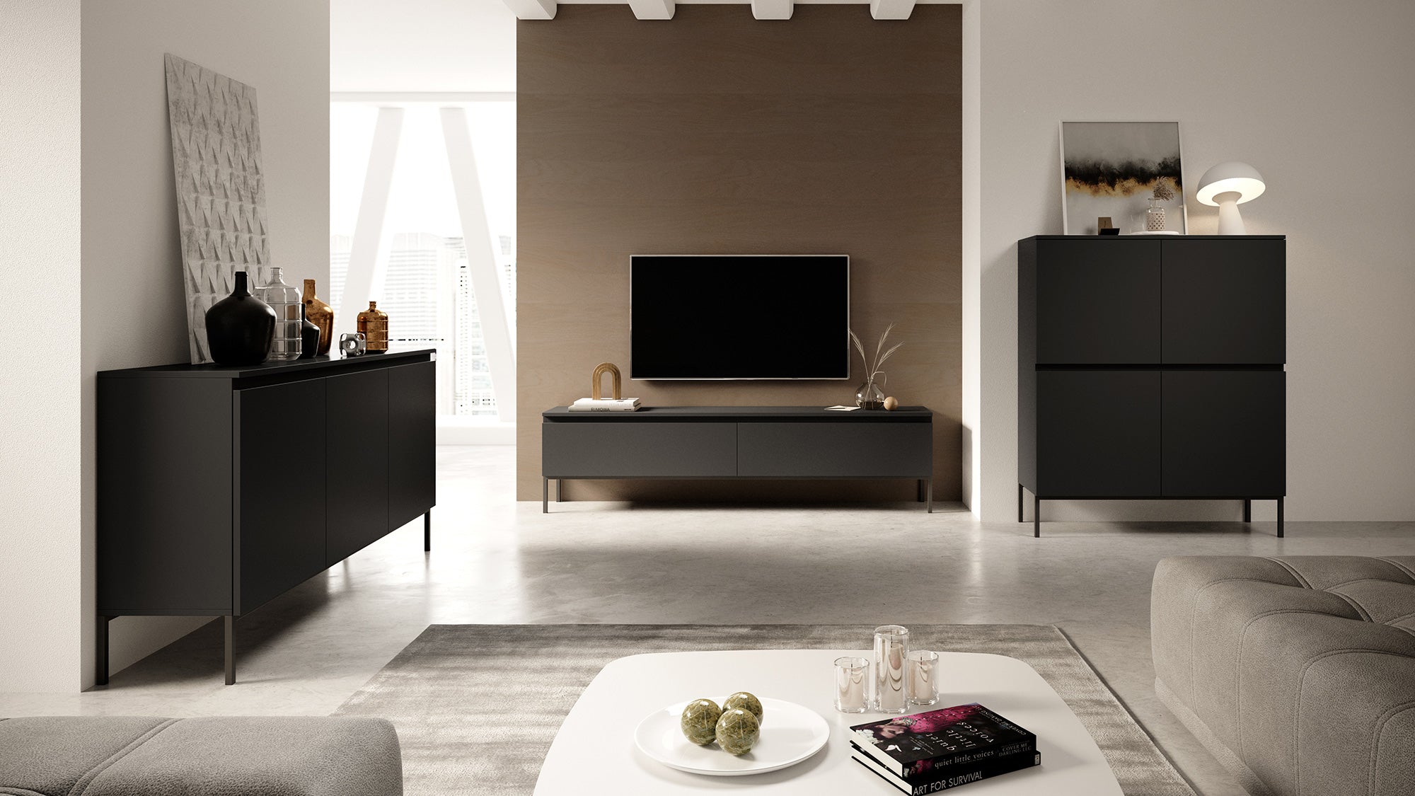 TV-Schrank Bemmi 175 cm schwarz mit schwarzen Beinen