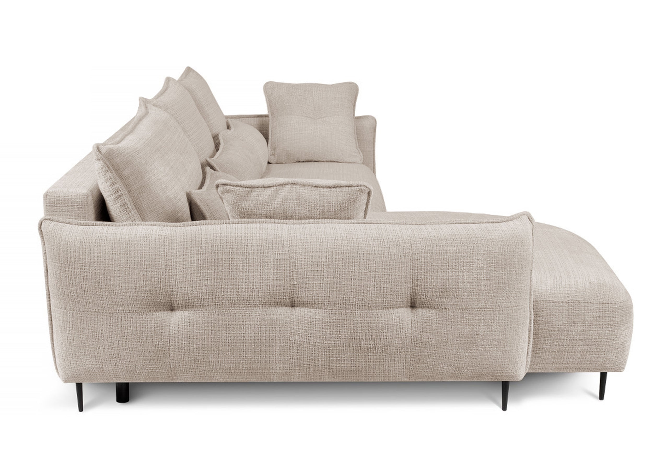 Ecksofa Oblivio mit Schlaffunktion, L-förmig, mit Stauraum, hellbeiger Chenille, linksseitig