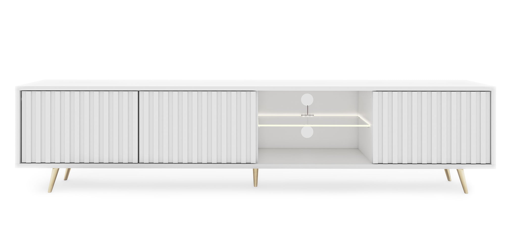 TV-Schrank Bello mit Lamellenfronten, 175 cm, weiß mit LED und goldenen Beinen