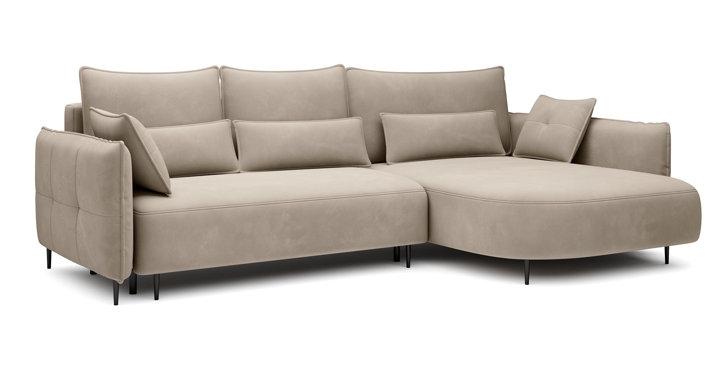 Ecksofa Oblivio mit Schlaffunktion, L-förmig, mit Stauraum, hellbeiger Samt, rechtsseitig, wasserabweisend