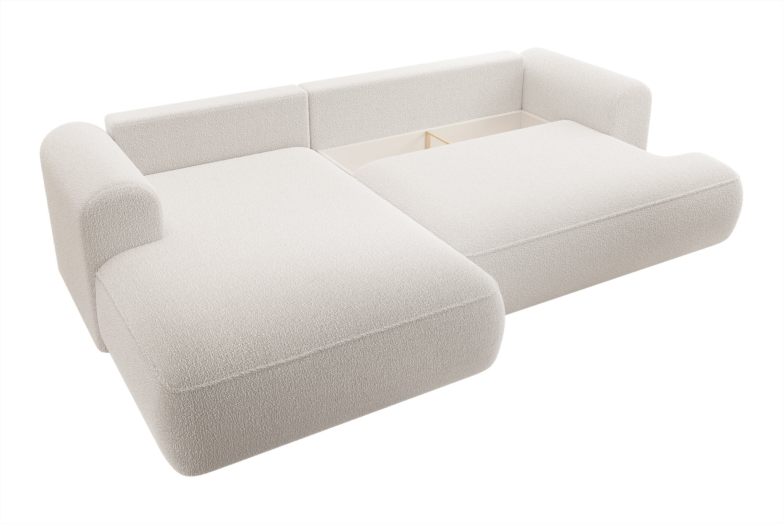 Ecksofa mit Schlaffunktion Ovo, L-förmig, cremefarben mit Stauraum, Bouclé, linksseitig