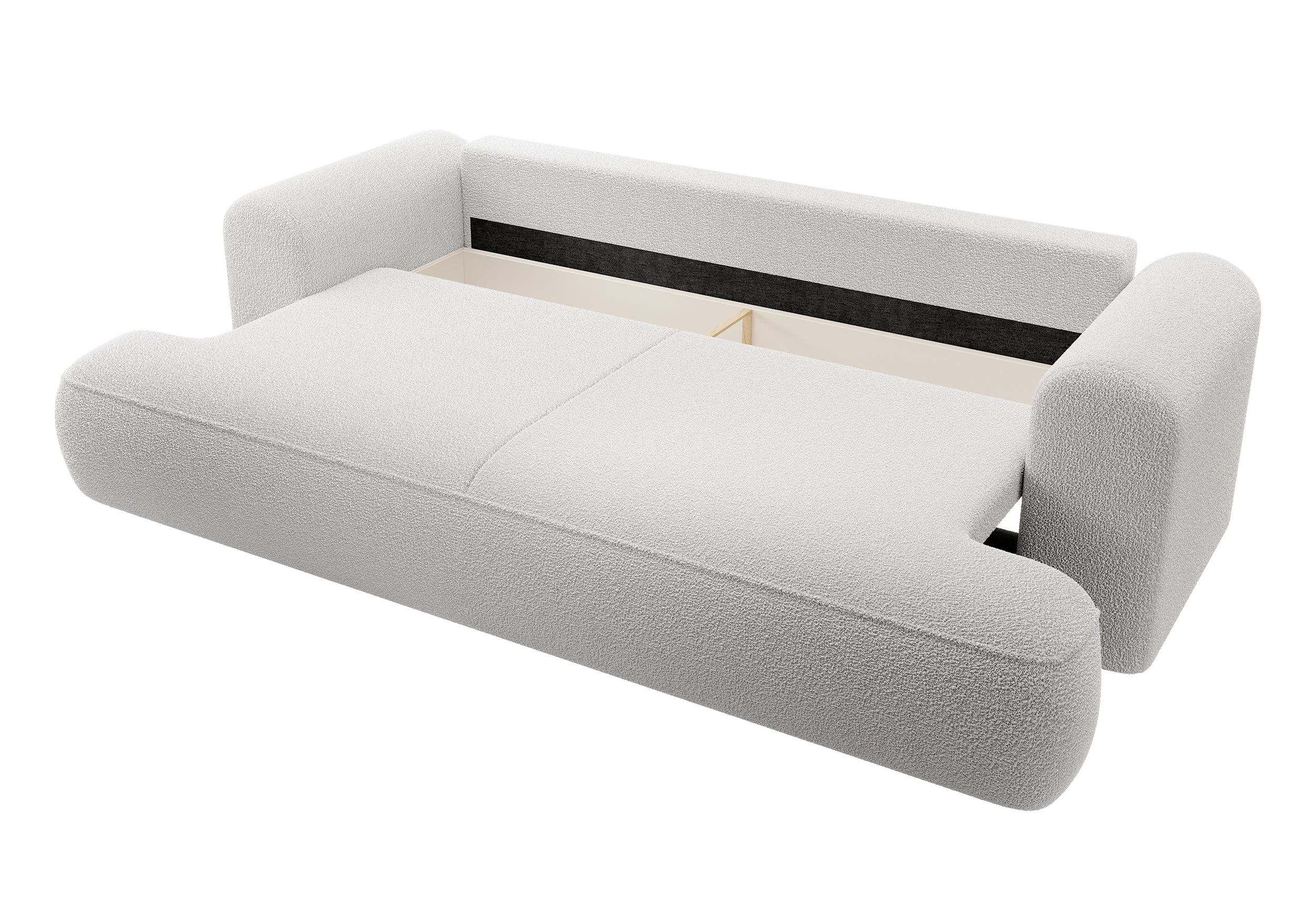 Dreisitziges ausklappbares Sofa Ovo mit Stauraum, grauer Bouclé-Stoff