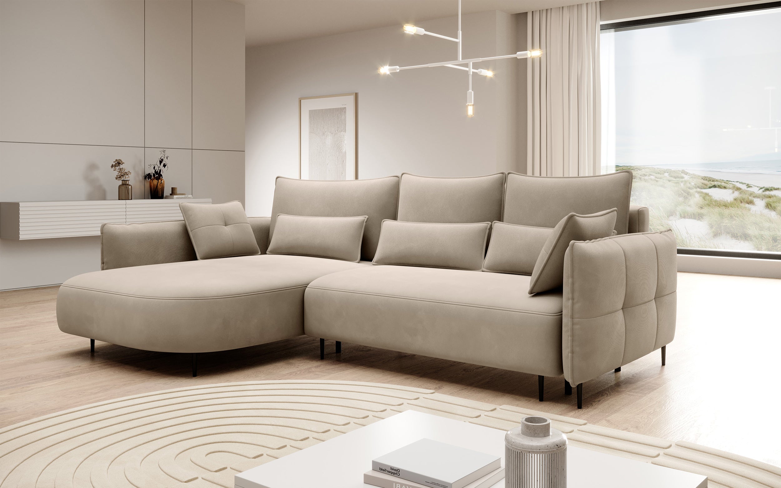 Ecksofa Oblivio mit Schlaffunktion, L-förmig, mit Stauraum, hellbeiger Samt, linksseitig, wasserabweisend